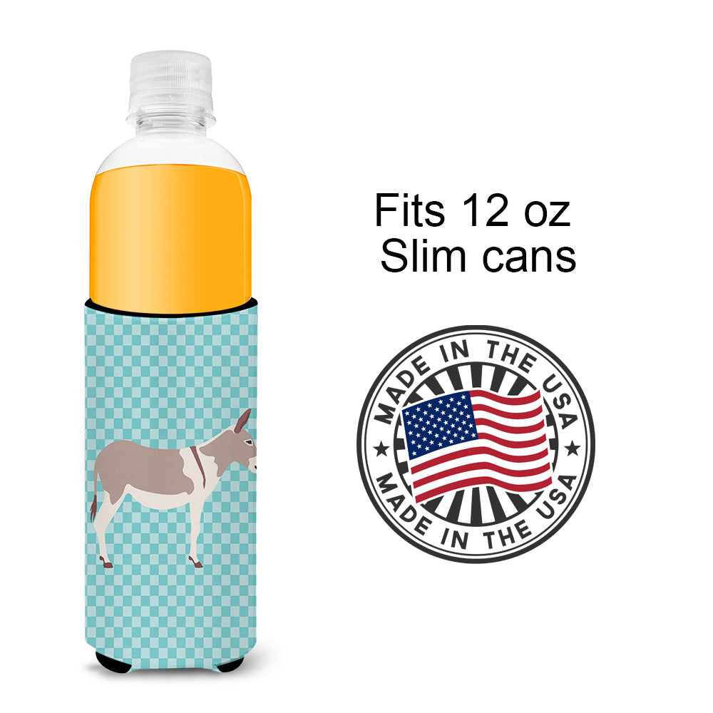 Australian Teamster Donkey Blue Check Slim Can Hugger , Insulated Foam Hugger for 12 oz Slim Cans, Beer Bottles & Water Bottles, Printed in USA