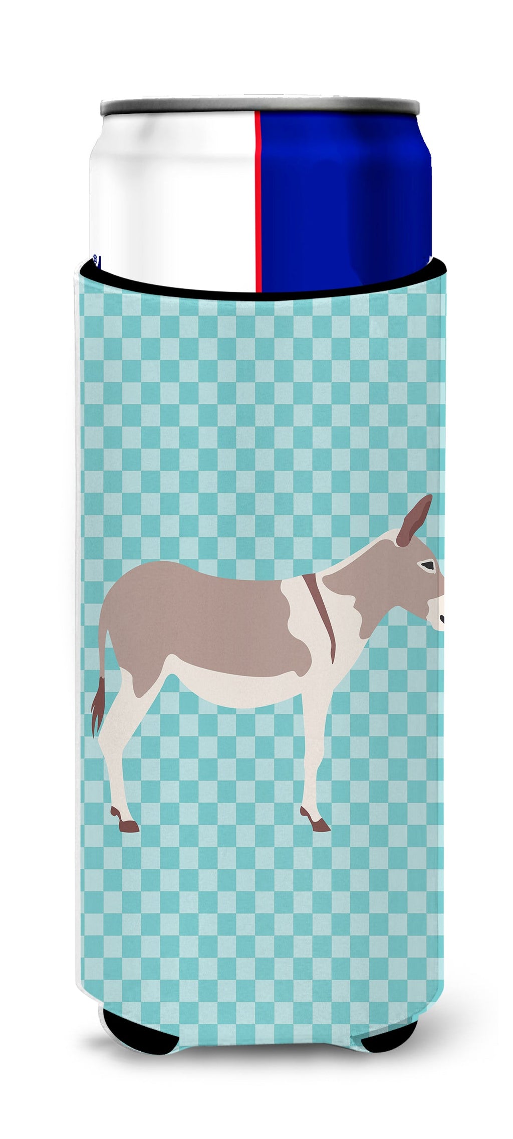 Australian Teamster Donkey Blue Check Slim Can Hugger , Insulated Foam Hugger for 12 oz Slim Cans, Beer Bottles & Water Bottles, Printed in USA