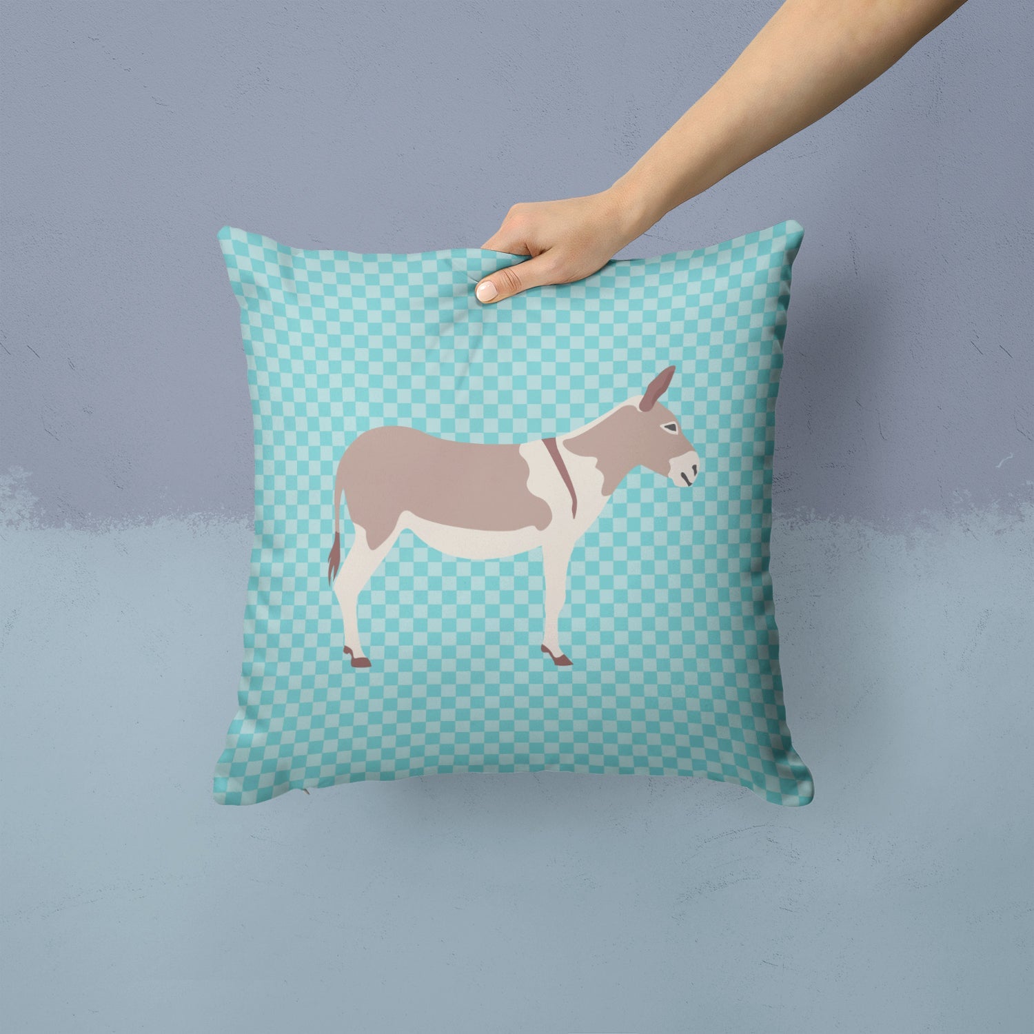 Australian Teamster Donkey Blue Check Decorative Throw Pillow 14x14 Indoor Outdoor Accent Cushion, Fabric Cover with Insert for Sofa, Bed, Porch & Living Room
