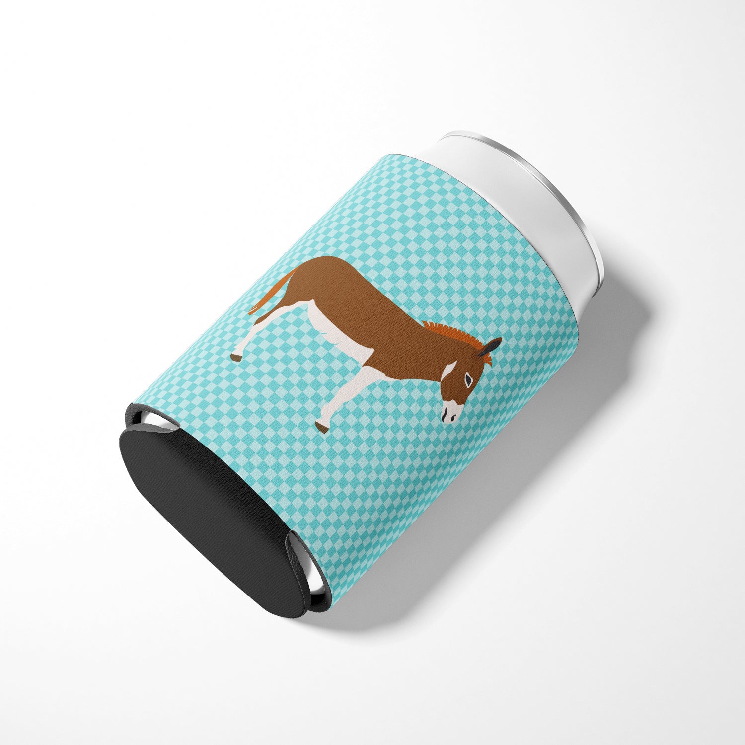 Miniature Mediterranian Donkey Blue Check Can or Bottle Hugger Cooler Sleeve for Standard 12 oz Cans, Insulated Foam Beer & Soda Can Hugger Reusable