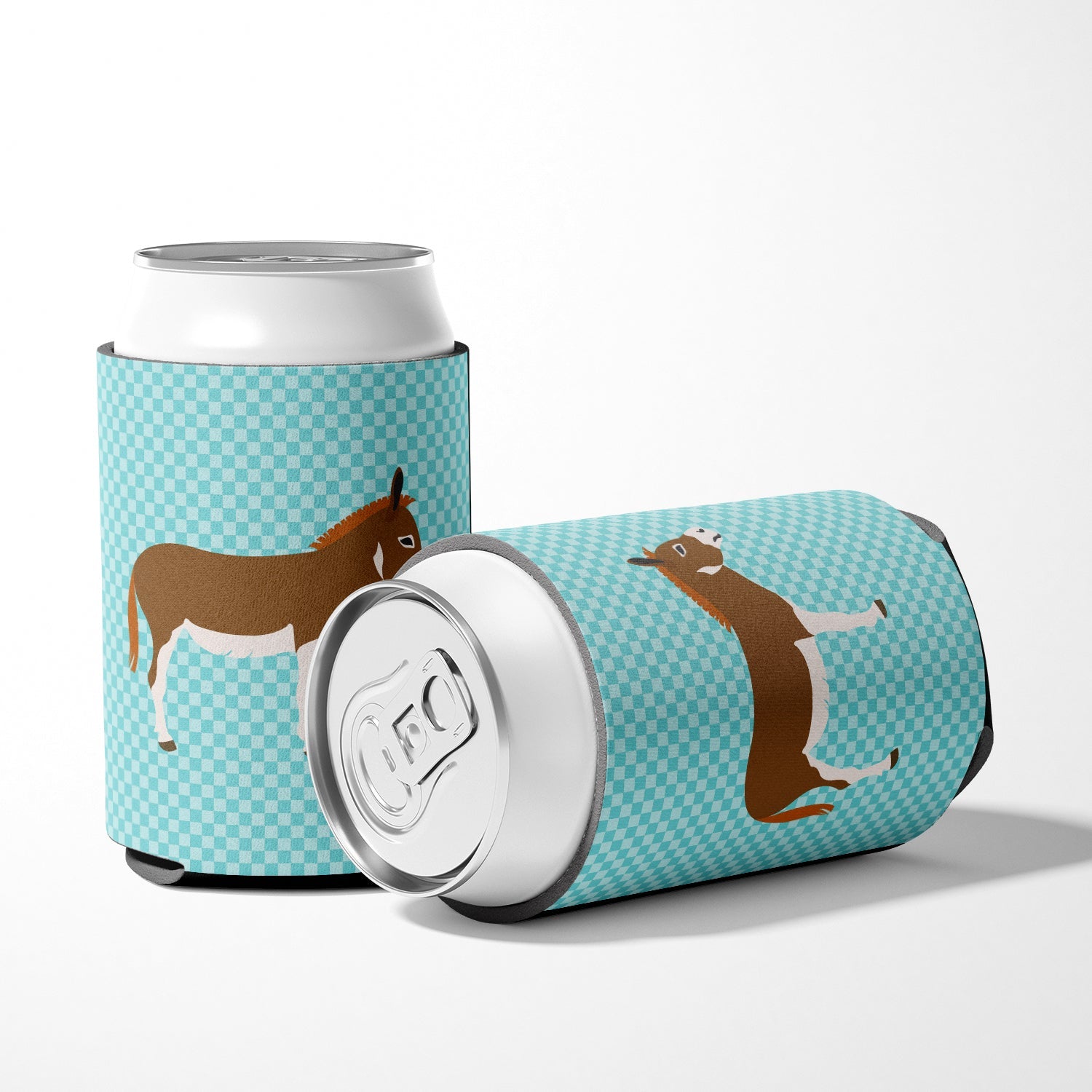 Miniature Mediterranian Donkey Blue Check Can or Bottle Hugger Cooler Sleeve for Standard 12 oz Cans, Insulated Foam Beer & Soda Can Hugger Reusable