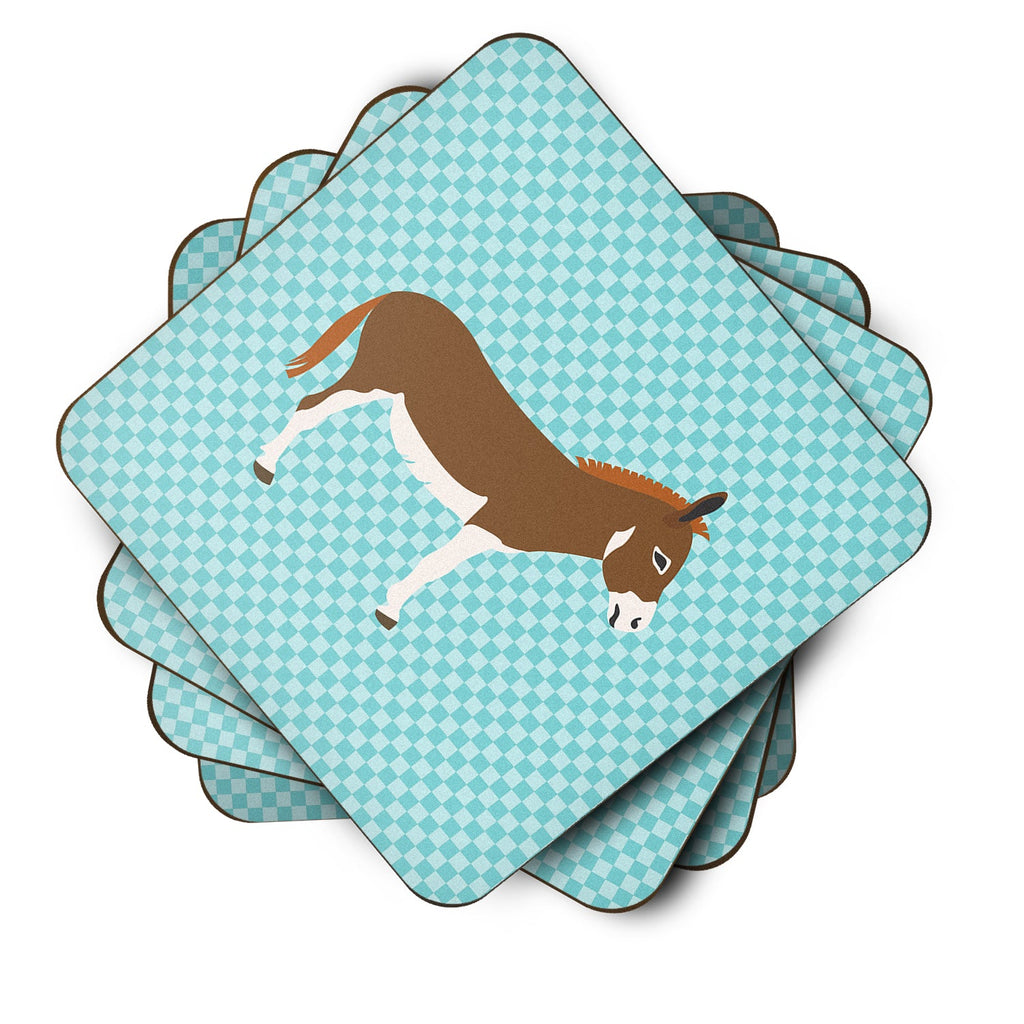 Miniature Mediterranian Donkey Blue Check Foam Coasters Set of 4 Cup Coasters for Indoor Outdoor, Tabletop Protection, Anti Slip, Mouse pad Material