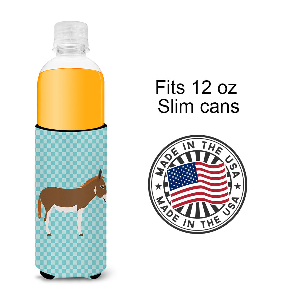 Miniature Mediterranian Donkey Blue Check Slim Can Hugger , Insulated Foam Hugger for 12 oz Slim Cans, Beer Bottles & Water Bottles, Printed in USA