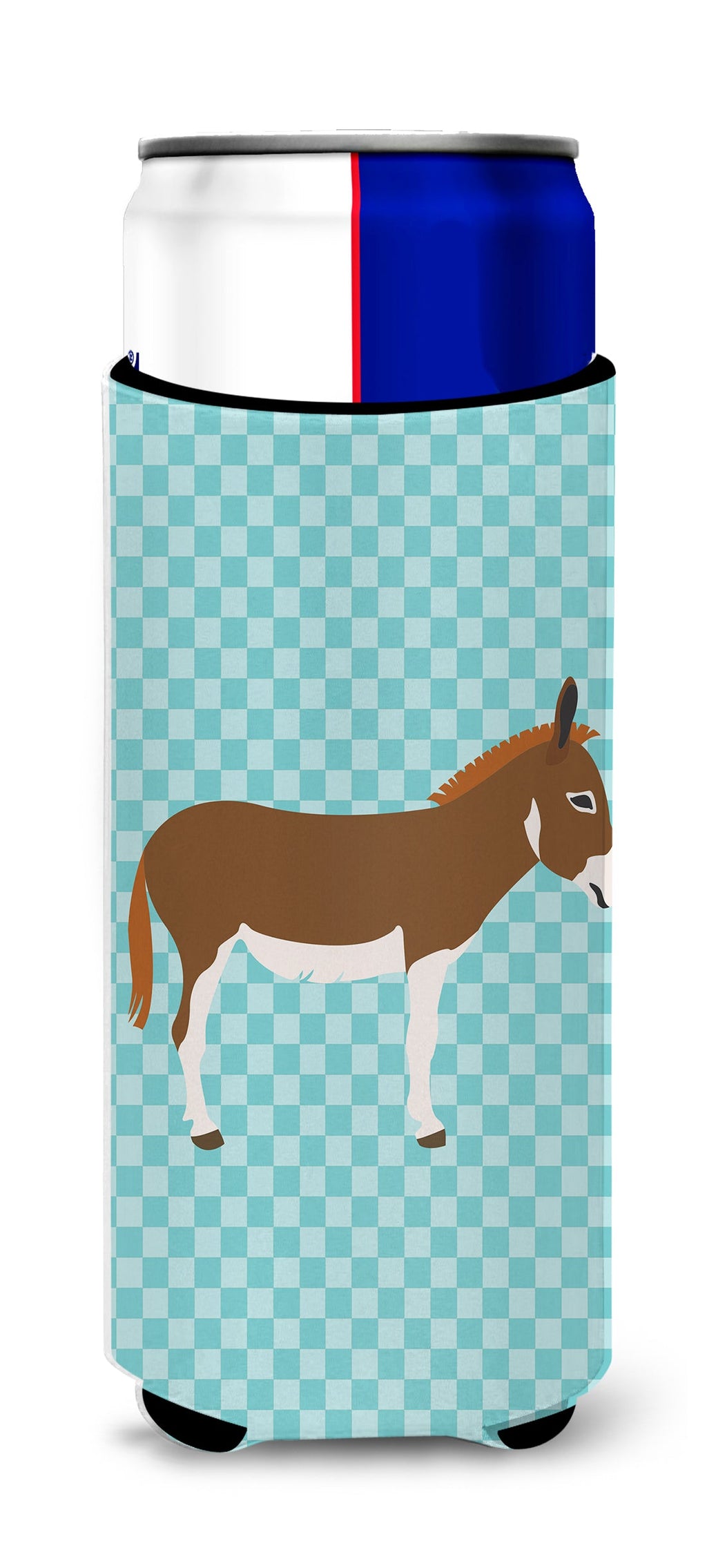 Miniature Mediterranian Donkey Blue Check Slim Can Hugger , Insulated Foam Hugger for 12 oz Slim Cans, Beer Bottles & Water Bottles, Printed in USA