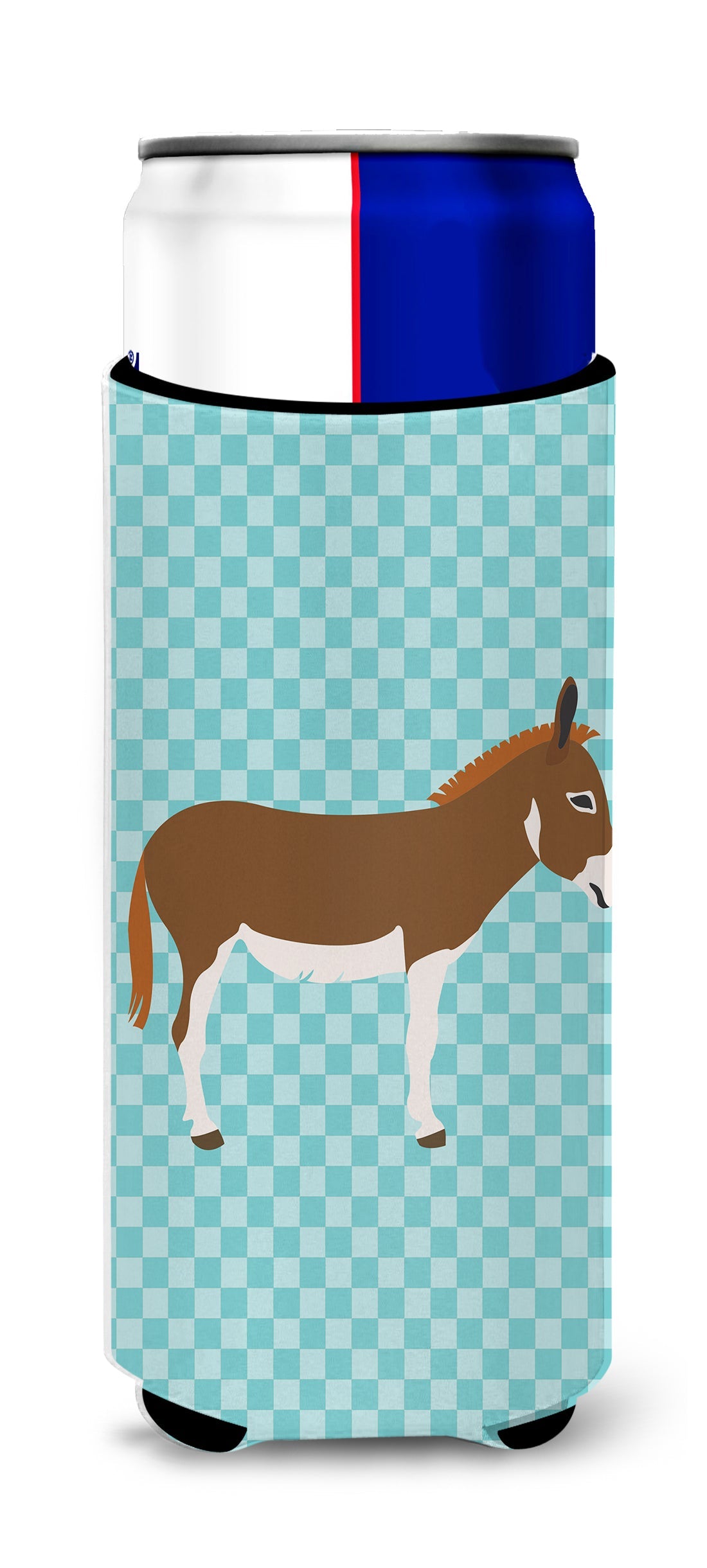 Miniature Mediterranian Donkey Blue Check Slim Can Hugger , Insulated Foam Hugger for 12 oz Slim Cans, Beer Bottles & Water Bottles, Printed in USA