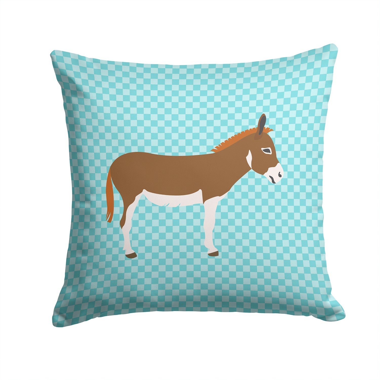 Miniature Mediterranian Donkey Blue Check Decorative Throw Pillow 14x14 Indoor Outdoor Accent Cushion, Fabric Cover with Insert for Sofa, Bed, Porch & Living Room