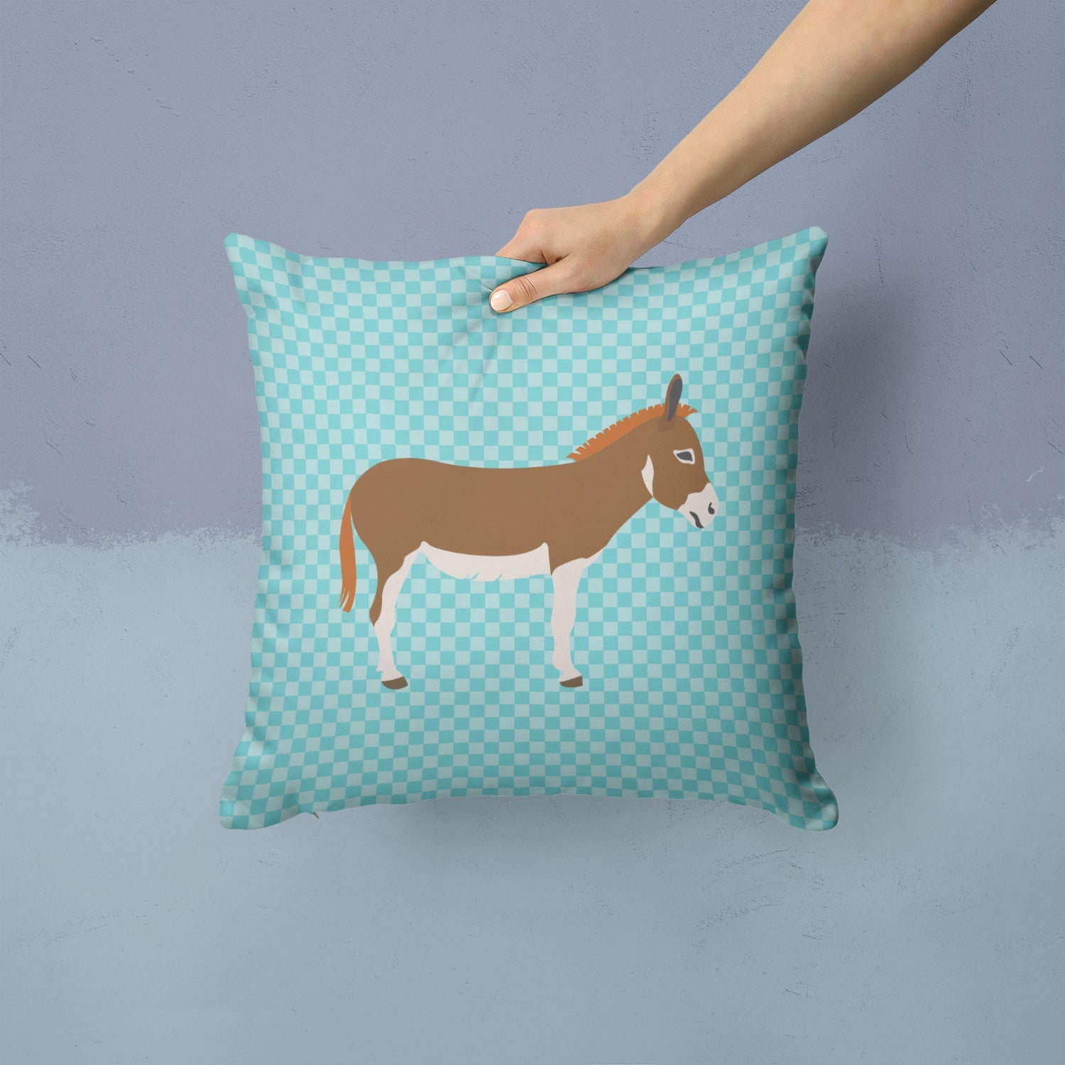 Miniature Mediterranian Donkey Blue Check Decorative Throw Pillow 14x14 Indoor Outdoor Accent Cushion, Fabric Cover with Insert for Sofa, Bed, Porch & Living Room