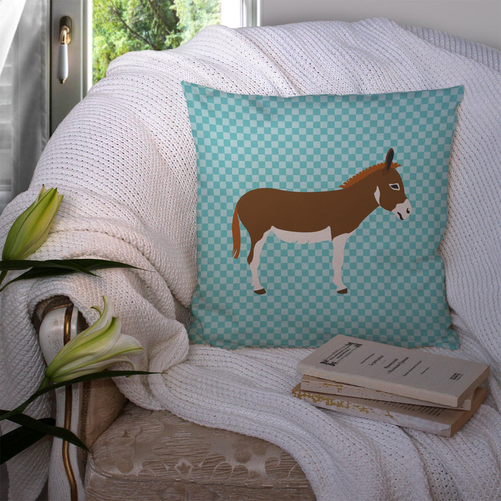 Miniature Mediterranian Donkey Blue Check Decorative Throw Pillow 14x14 Indoor Outdoor Accent Cushion, Fabric Cover with Insert for Sofa, Bed, Porch & Living Room
