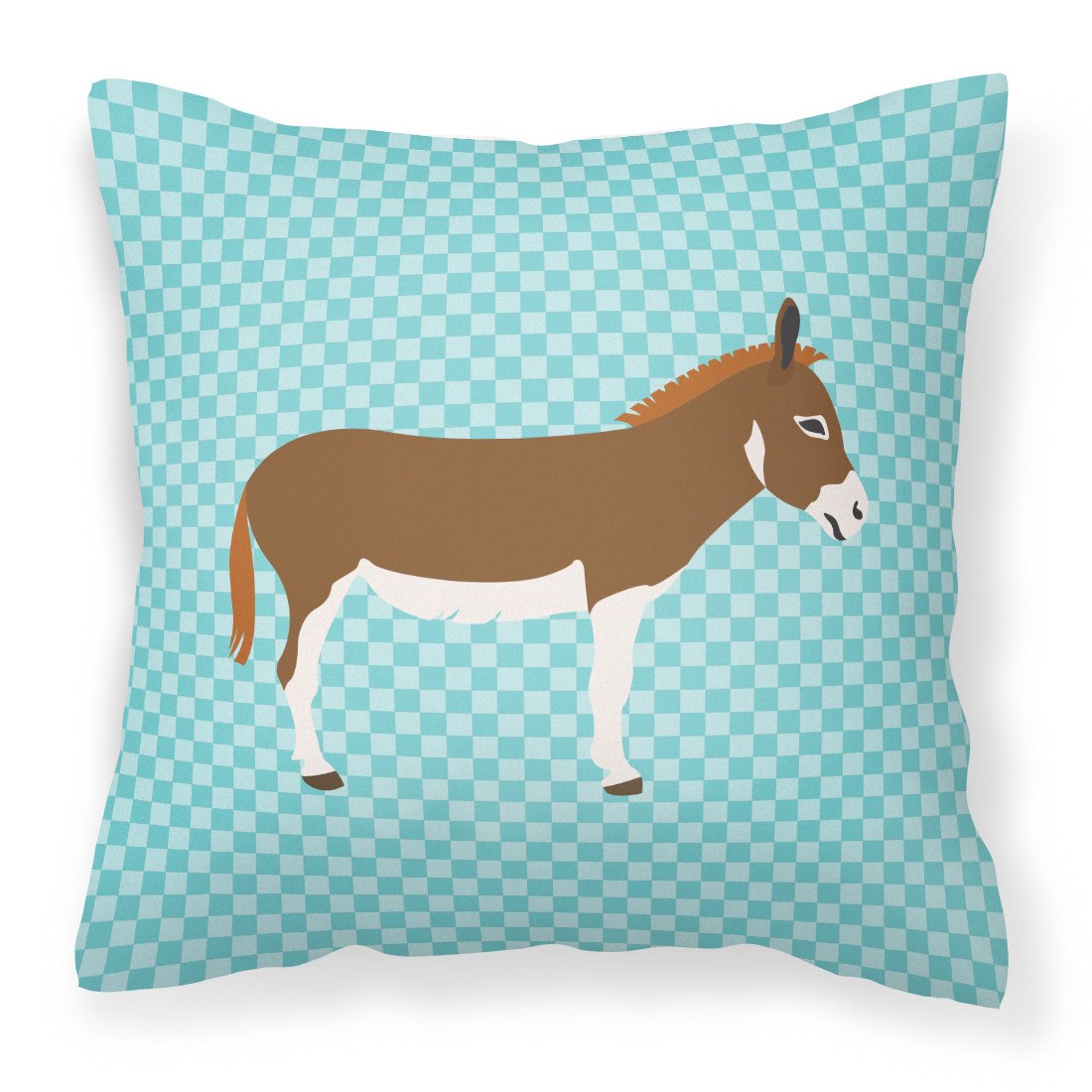 Miniature Mediterranian Donkey Blue Check Decorative Throw Pillow 18x18 Indoor Outdoor Accent Cushion, Fabric Cover with Insert for Sofa, Bed, Porch & Living Room