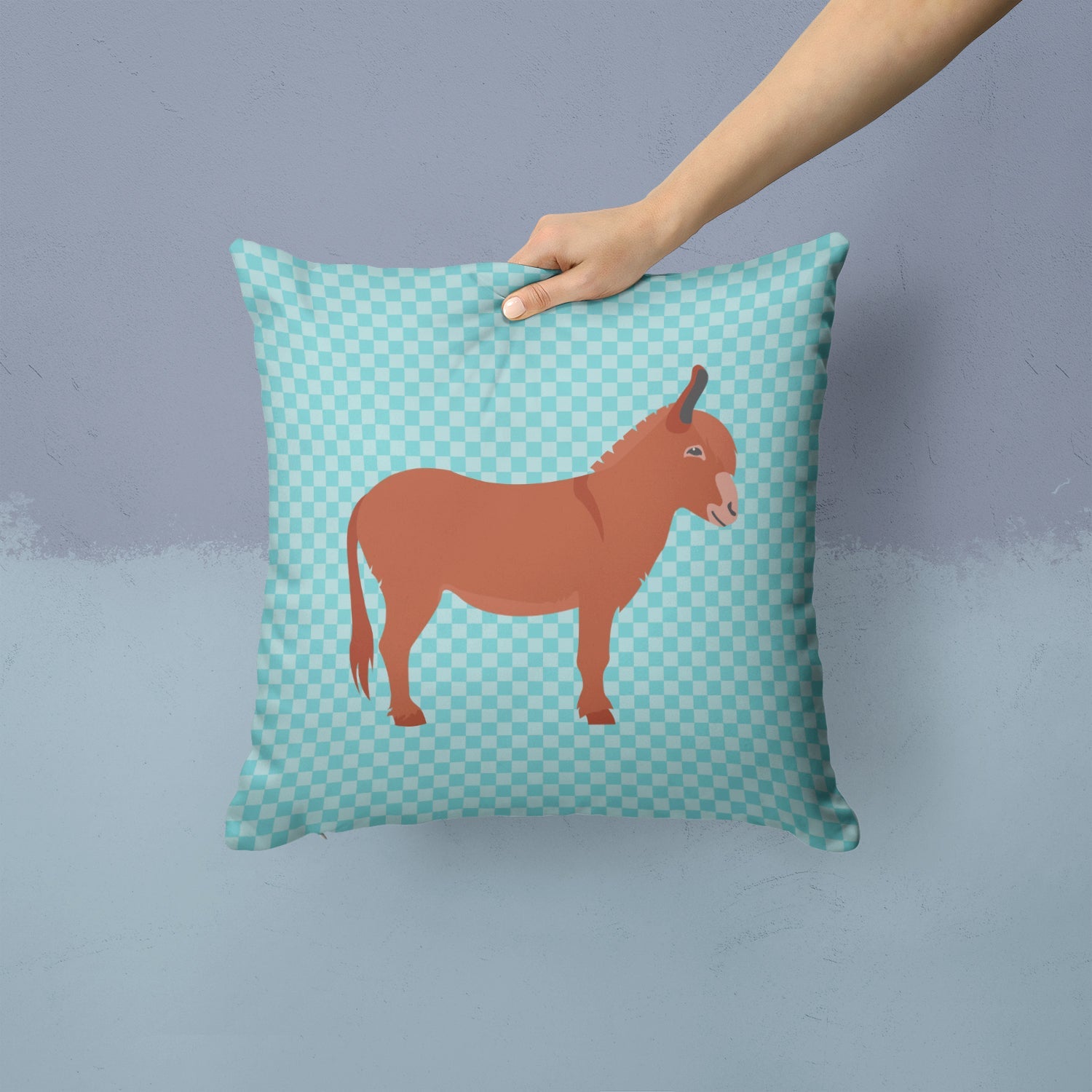 Irish Donkey Blue Check Decorative Throw Pillow 14x14 Indoor Outdoor Accent Cushion, Fabric Cover with Insert for Sofa, Bed, Porch & Living Room