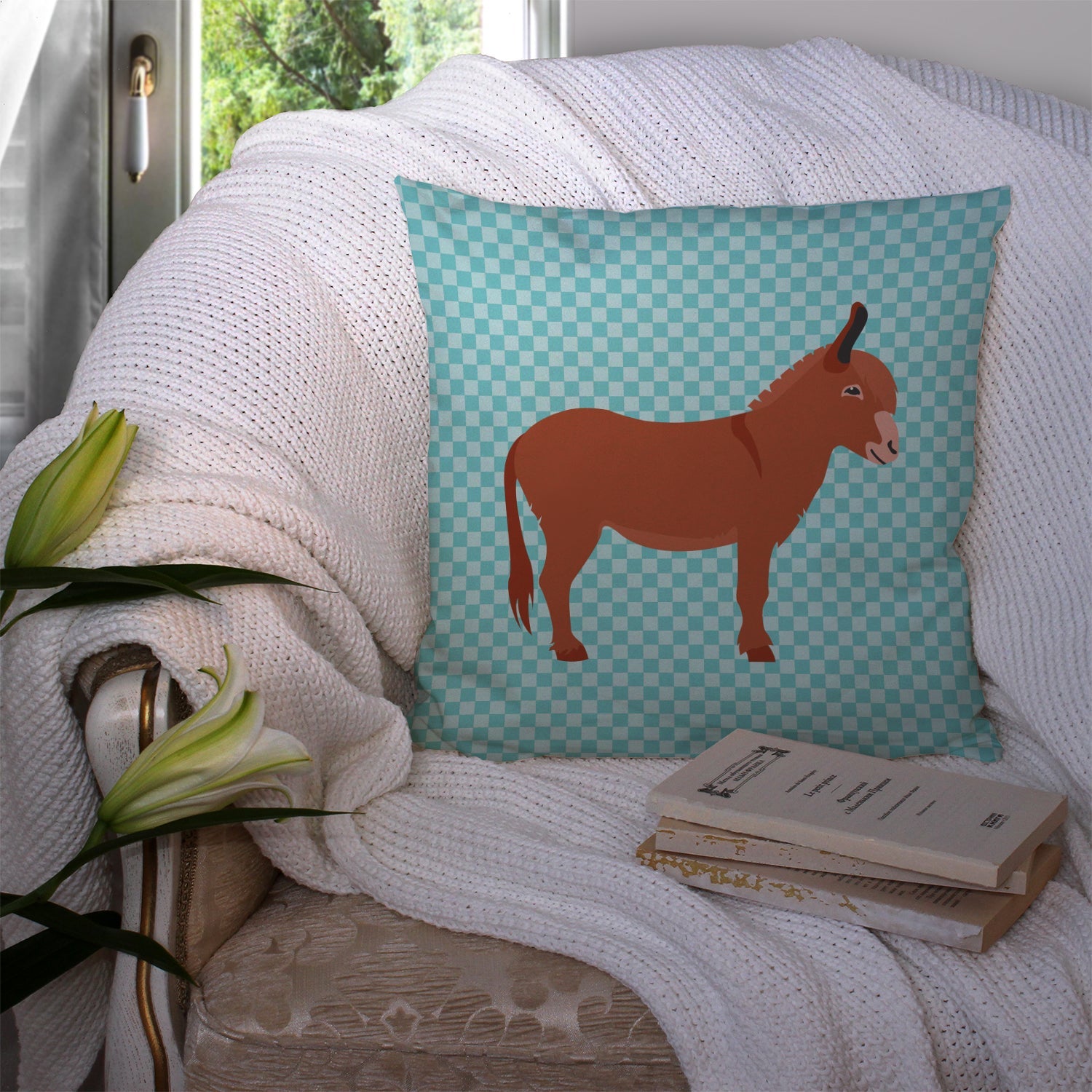 Irish Donkey Blue Check Decorative Throw Pillow 14x14 Indoor Outdoor Accent Cushion, Fabric Cover with Insert for Sofa, Bed, Porch & Living Room