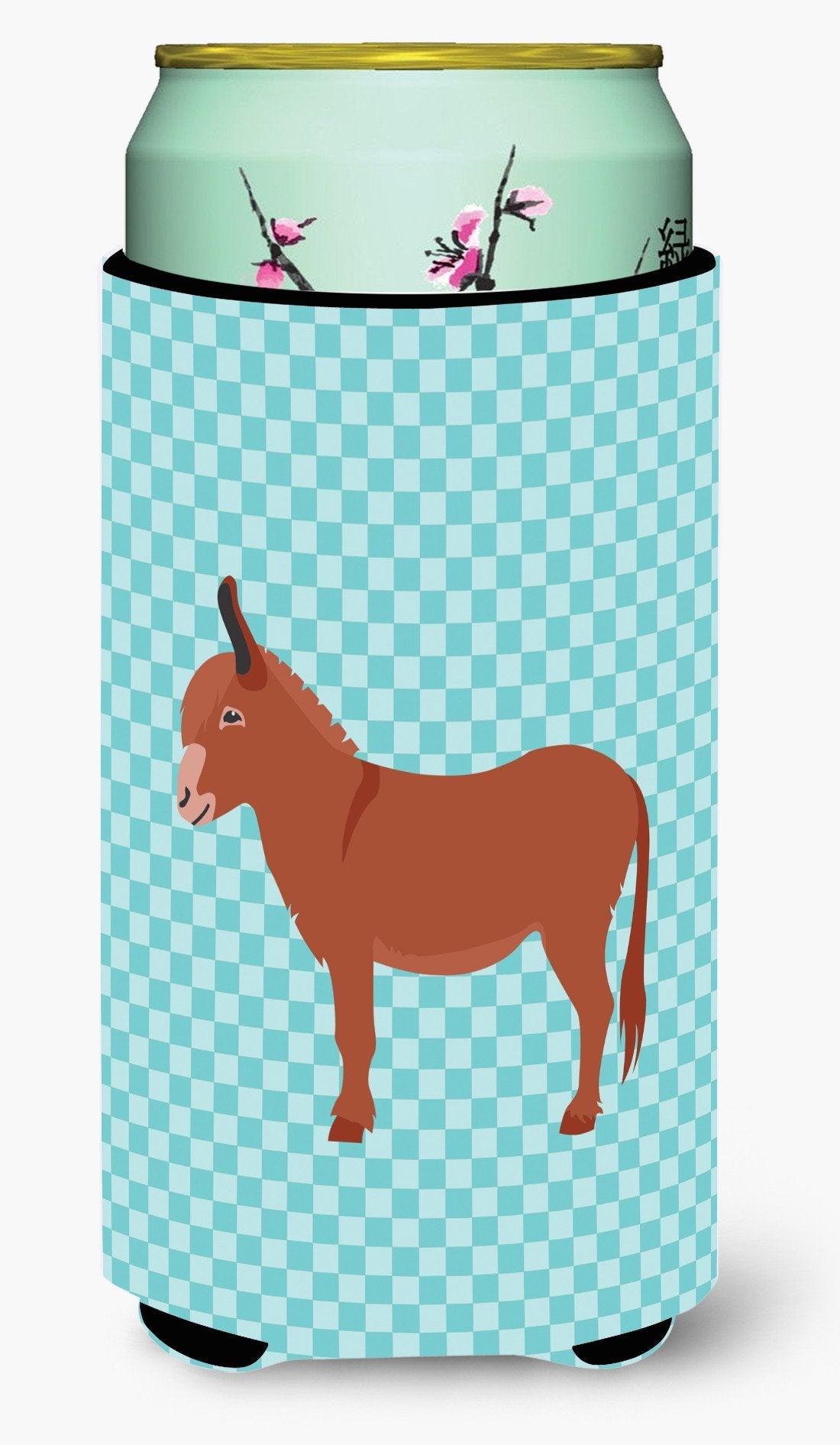 Irish Donkey Blue Check Tall Boy Hugger Can Cooler Sleeve Machine Washable Drink Collapsible Insulator Beverage Insulated Holder