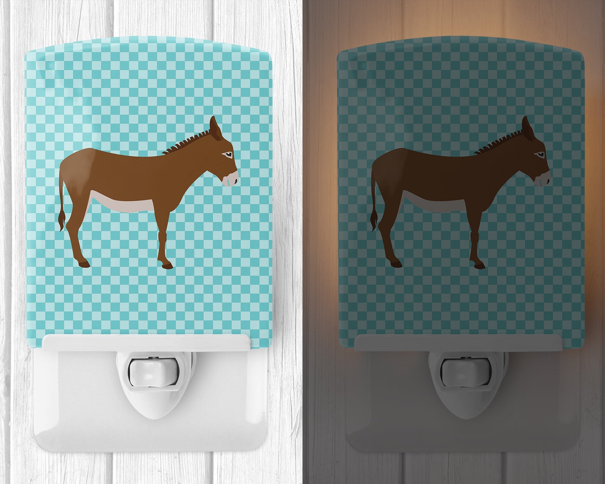 Cotentin Donkey Blue Check Ceramic Night Light Compact, UL-Certified, Ideal for Bedroom, Bathroom, Nursery, Hallway, Kitchen, 6x4x3, Multicolor