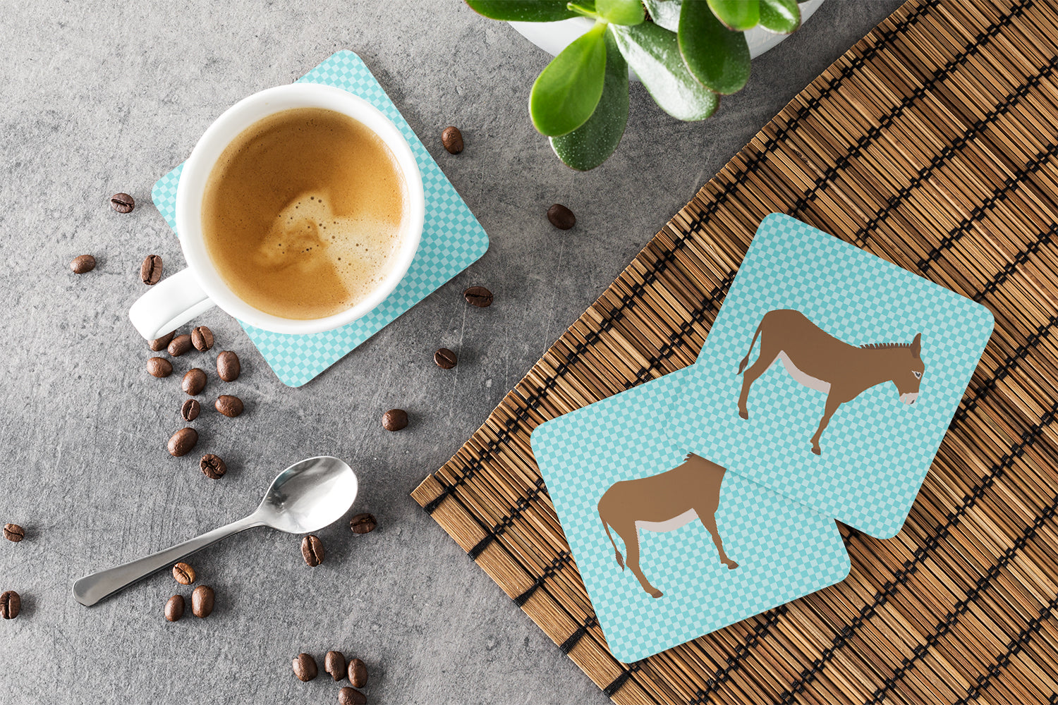 Cotentin Donkey Blue Check Foam Coasters Set of 4 Cup Coasters for Indoor Outdoor, Tabletop Protection, Anti Slip, Mouse pad Material