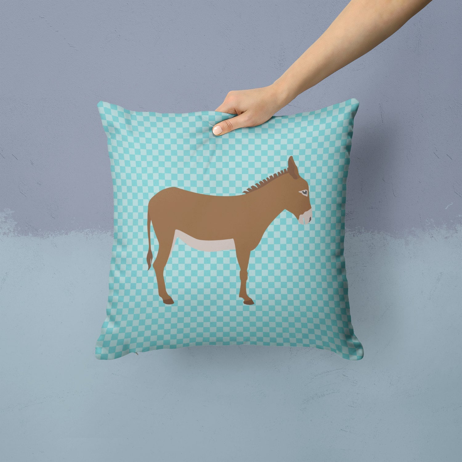 Cotentin Donkey Blue Check Decorative Throw Pillow 14x14 Indoor Outdoor Accent Cushion, Fabric Cover with Insert for Sofa, Bed, Porch & Living Room
