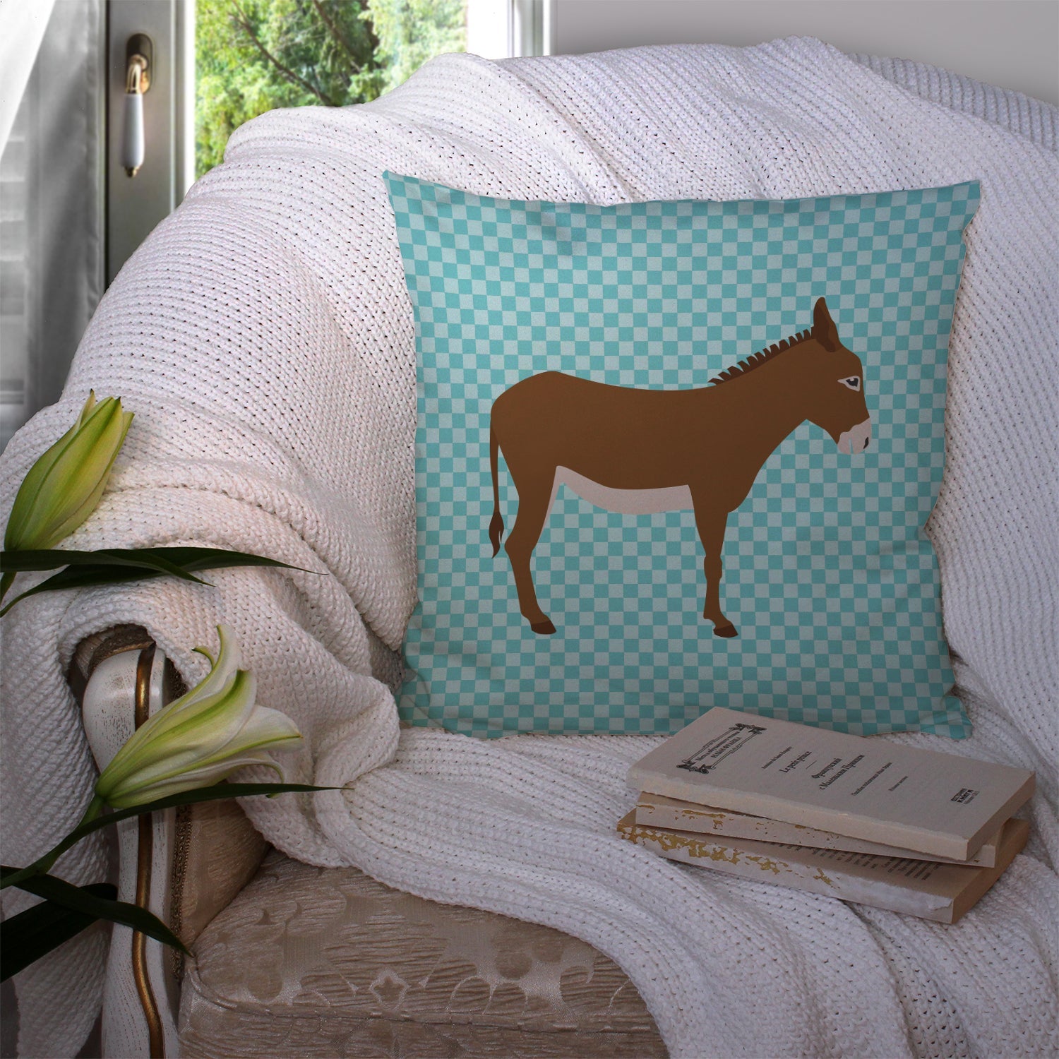 Cotentin Donkey Blue Check Decorative Throw Pillow 14x14 Indoor Outdoor Accent Cushion, Fabric Cover with Insert for Sofa, Bed, Porch & Living Room