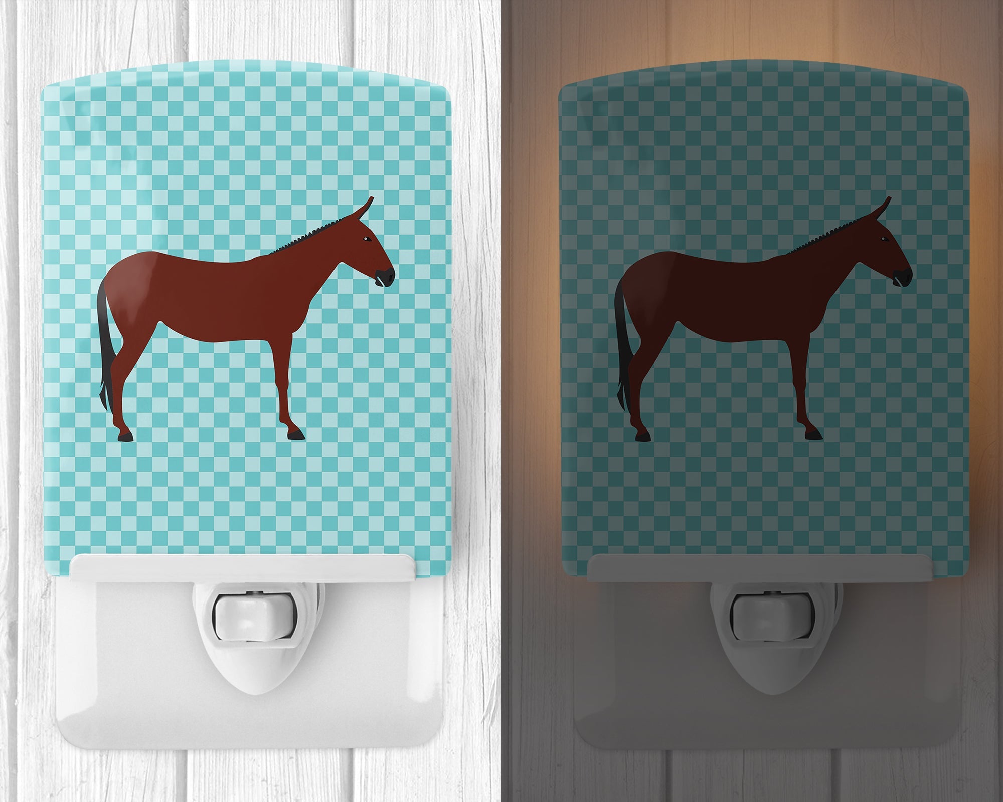 Hinny Horse Donkey Blue Check Ceramic Night Light Compact, UL-Certified, Ideal for Bedroom, Bathroom, Nursery, Hallway, Kitchen, 6x4x3, Multicolor