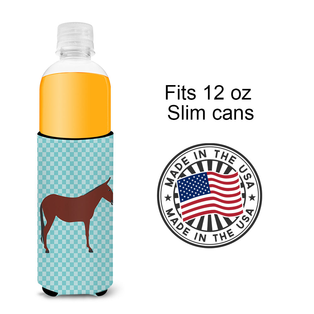 Hinny Horse Donkey Blue Check Slim Can Hugger , Insulated Foam Hugger for 12 oz Slim Cans, Beer Bottles & Water Bottles, Printed in USA