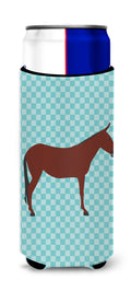 Hinny Horse Donkey Blue Check Slim Can Hugger , Insulated Foam Hugger for 12 oz Slim Cans, Beer Bottles & Water Bottles, Printed in USA