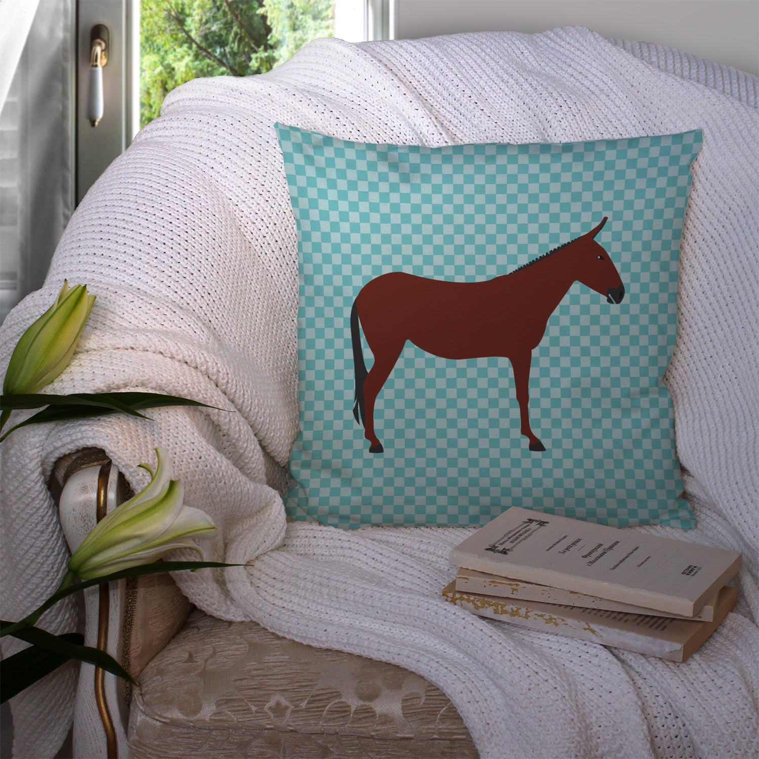 Hinny Horse Donkey Blue Check Decorative Throw Pillow 14x14 Indoor Outdoor Accent Cushion, Fabric Cover with Insert for Sofa, Bed, Porch & Living Room