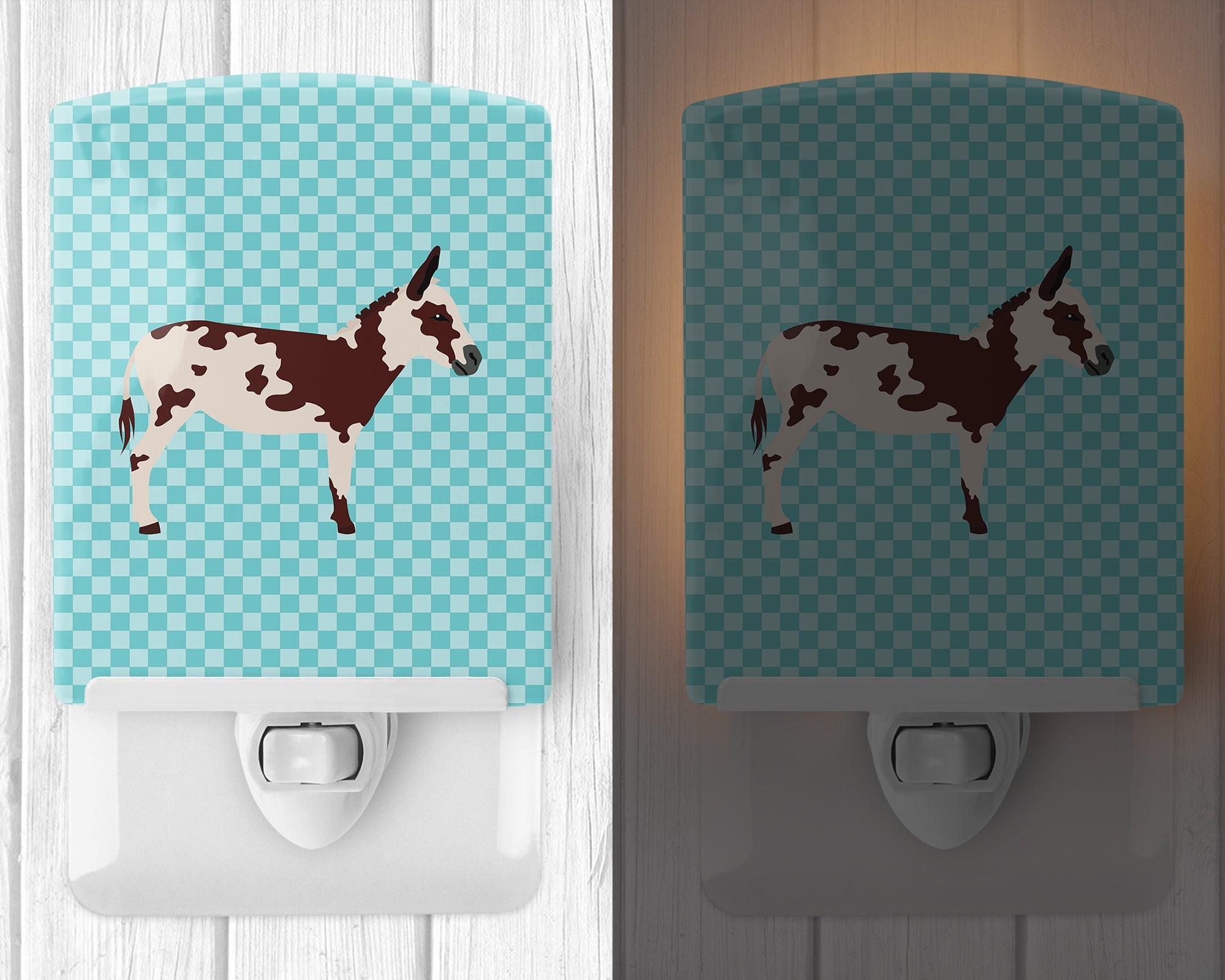 American Spotted Donkey Blue Check Ceramic Night Light Compact, UL-Certified, Ideal for Bedroom, Bathroom, Nursery, Hallway, Kitchen, 6x4x3, Multicolor
