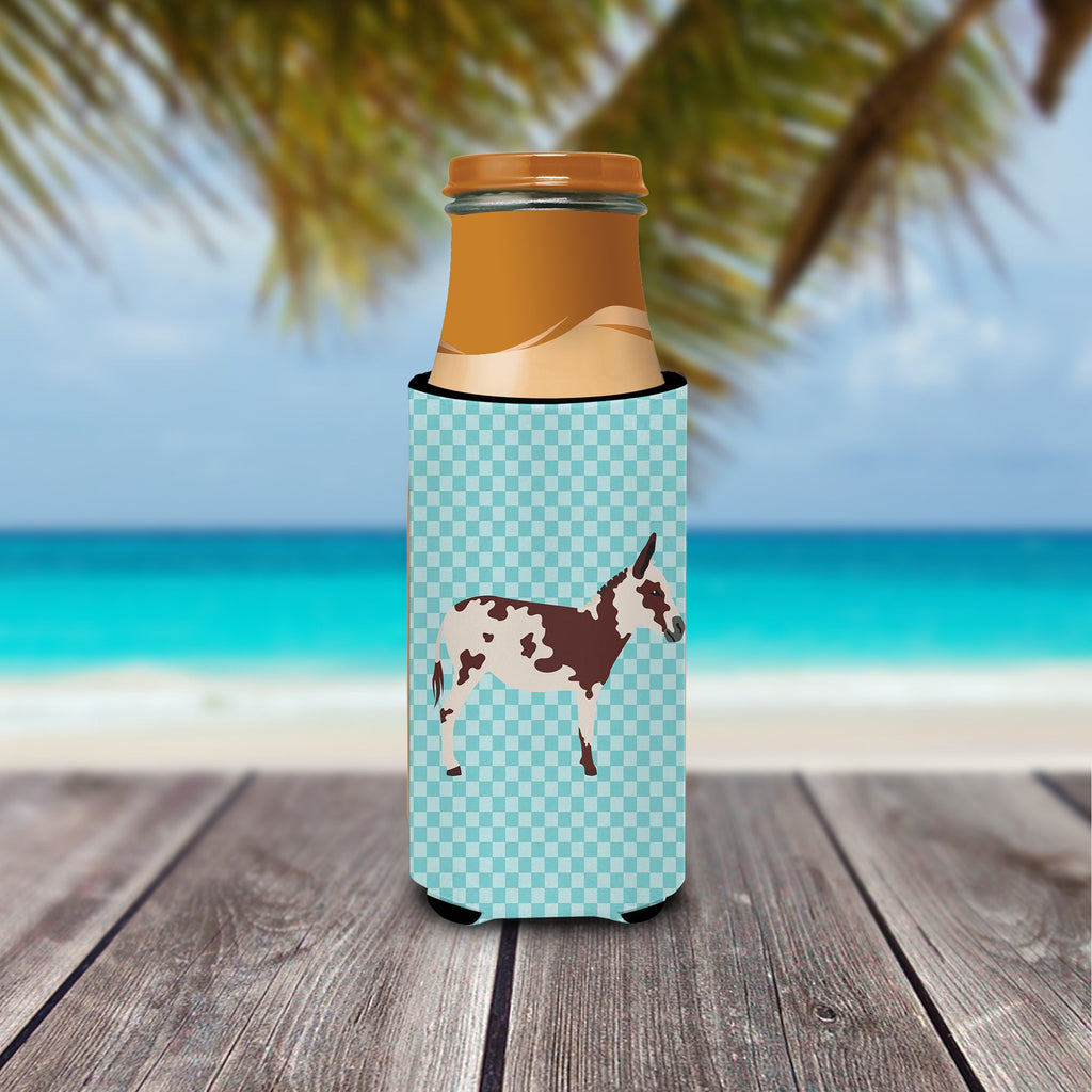 American Spotted Donkey Blue Check Slim Can Hugger , Insulated Foam Hugger for 12 oz Slim Cans, Beer Bottles & Water Bottles, Printed in USA