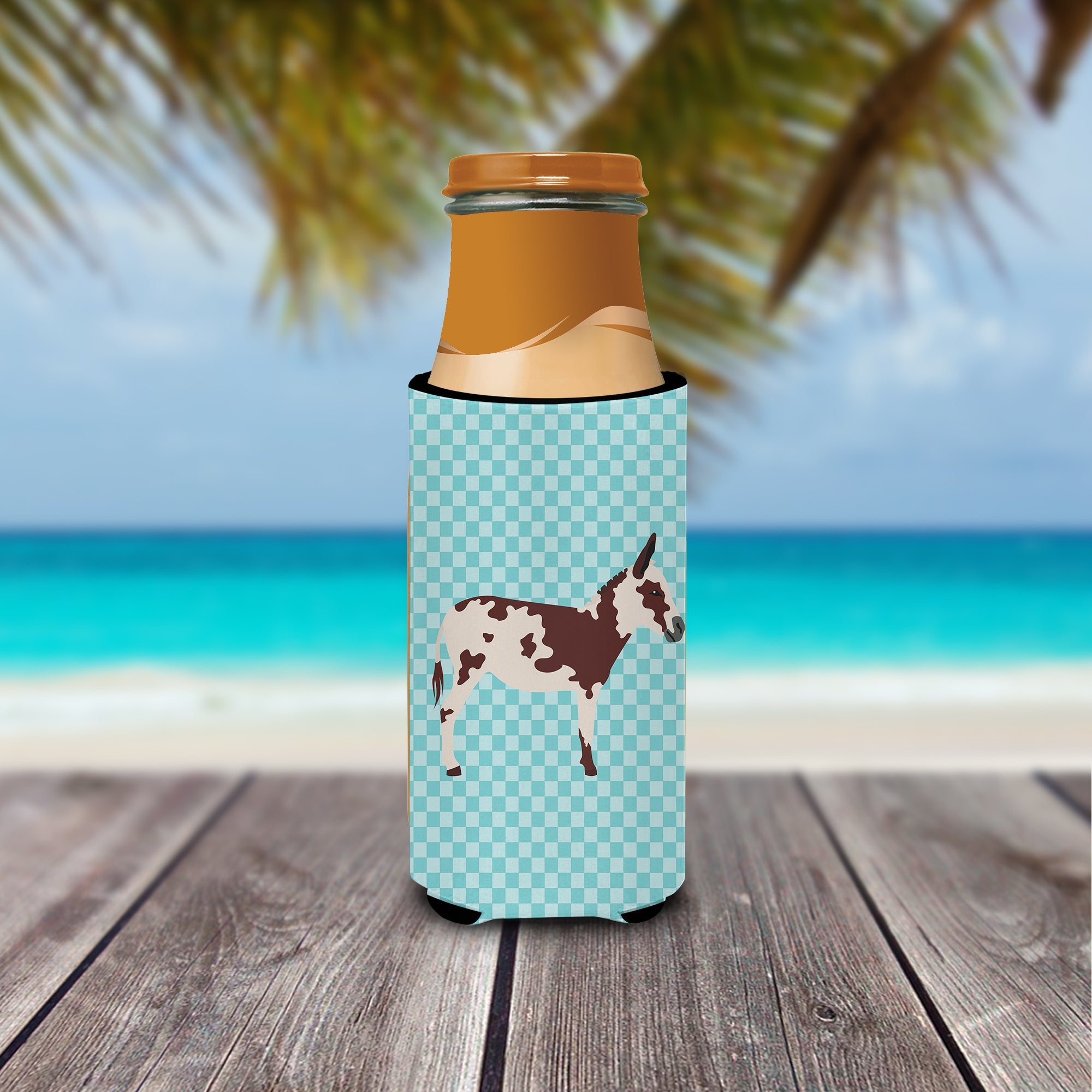American Spotted Donkey Blue Check Slim Can Hugger , Insulated Foam Hugger for 12 oz Slim Cans, Beer Bottles & Water Bottles, Printed in USA