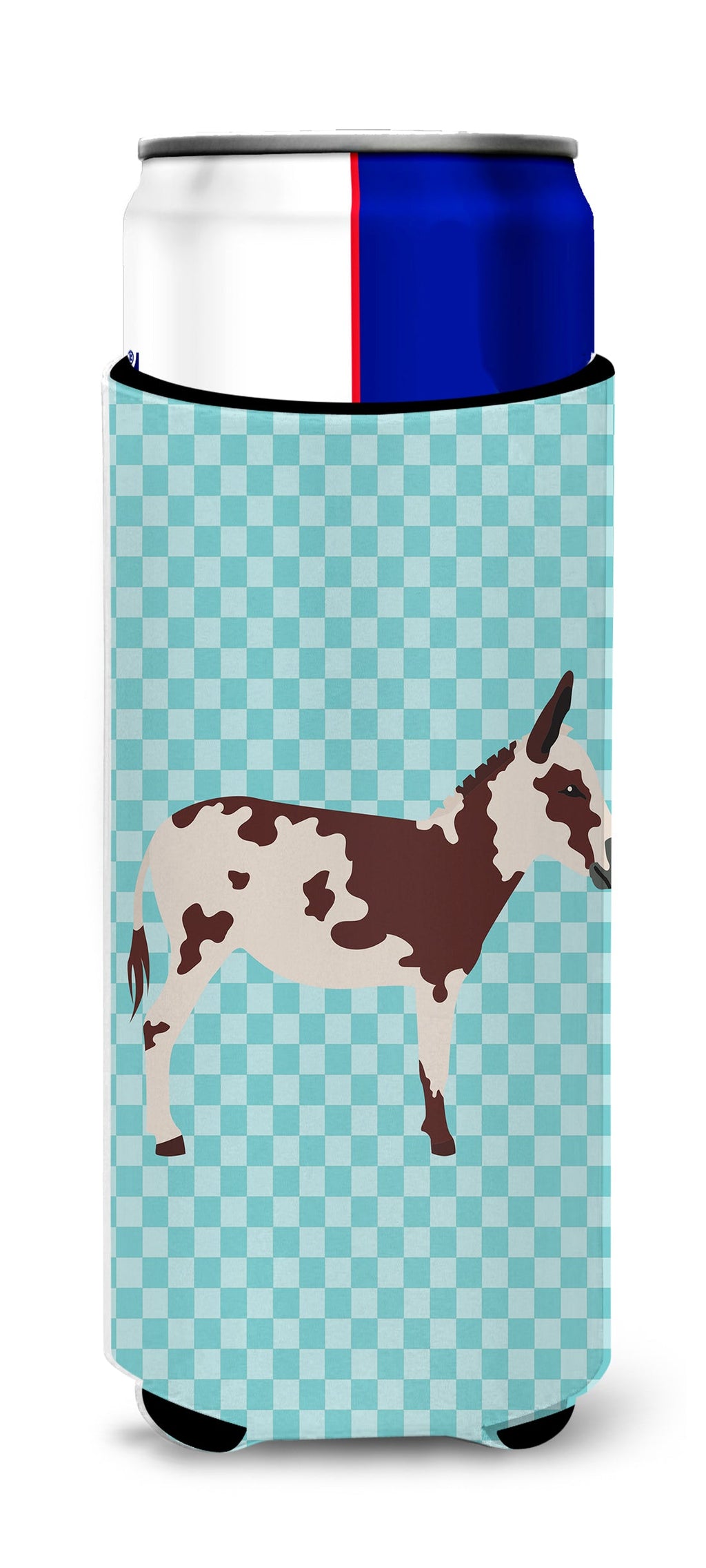 American Spotted Donkey Blue Check Slim Can Hugger , Insulated Foam Hugger for 12 oz Slim Cans, Beer Bottles & Water Bottles, Printed in USA
