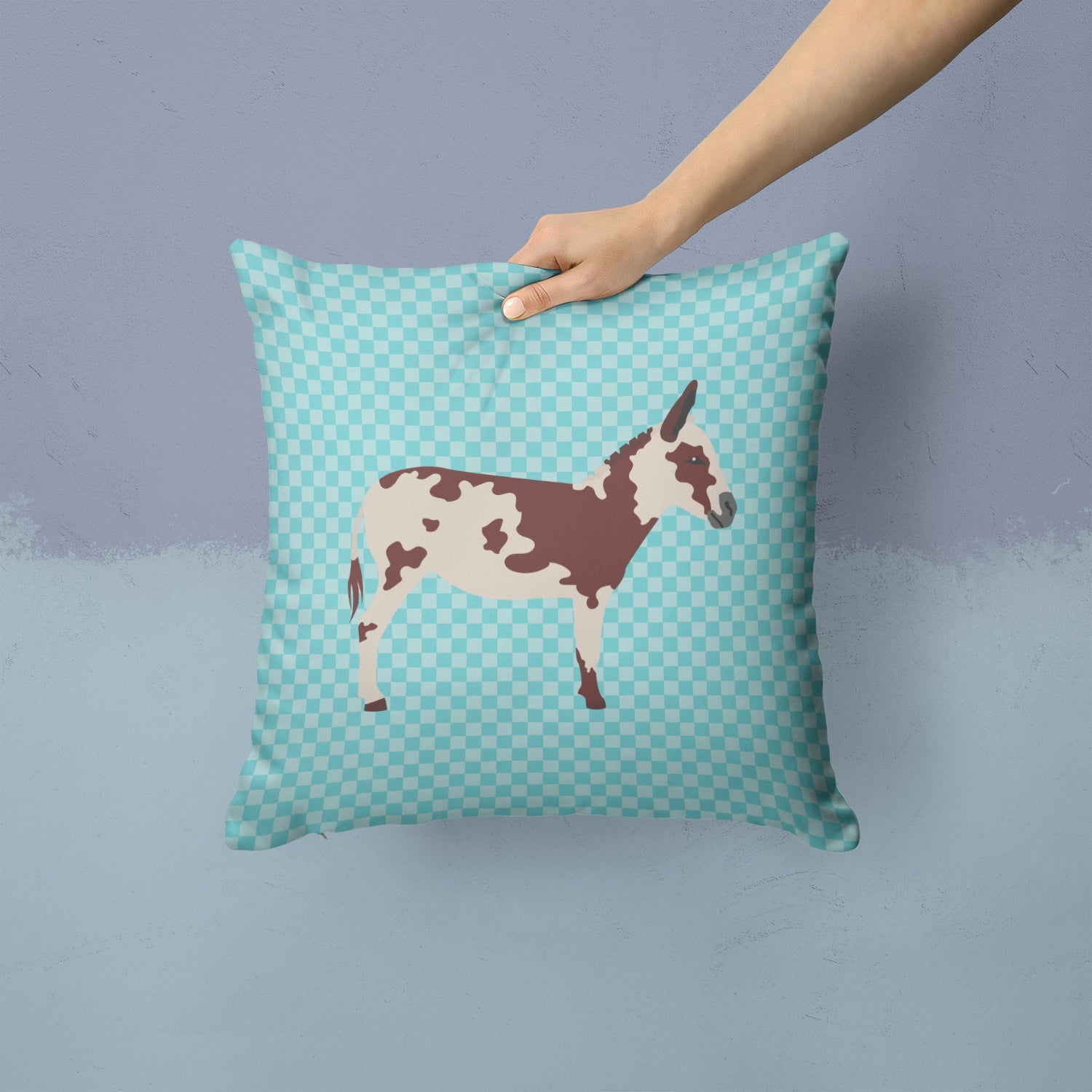 American Spotted Donkey Blue Check Decorative Throw Pillow 14x14 Indoor Outdoor Accent Cushion, Fabric Cover with Insert for Sofa, Bed, Porch & Living Room