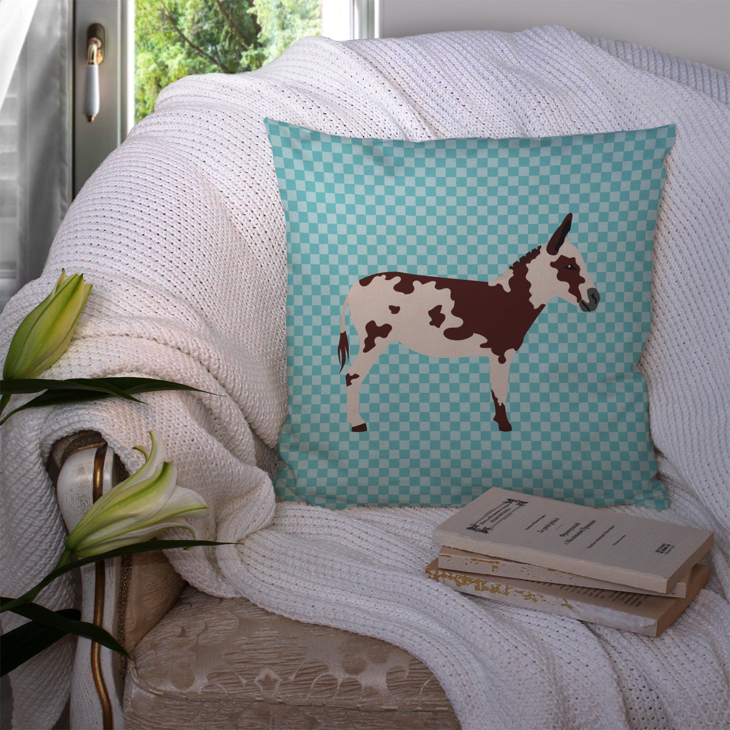 American Spotted Donkey Blue Check Decorative Throw Pillow 14x14 Indoor Outdoor Accent Cushion, Fabric Cover with Insert for Sofa, Bed, Porch & Living Room