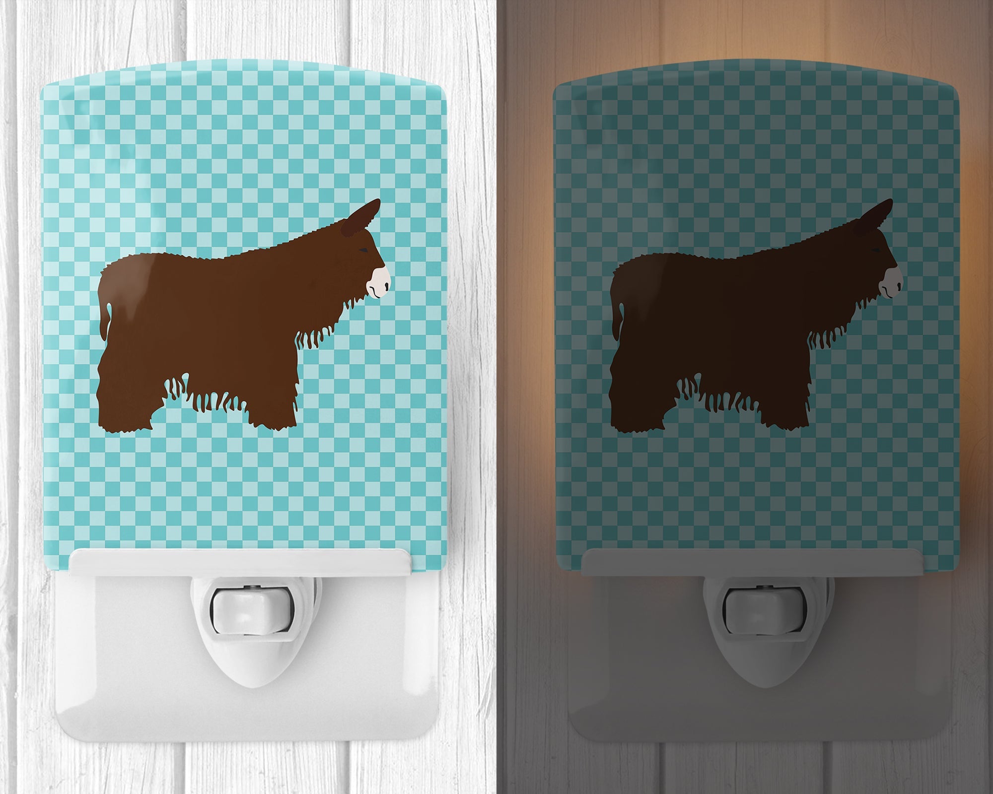 Poitou Poiteuin Donkey Blue Check Ceramic Night Light Compact, UL-Certified, Ideal for Bedroom, Bathroom, Nursery, Hallway, Kitchen, 6x4x3, Multicolor