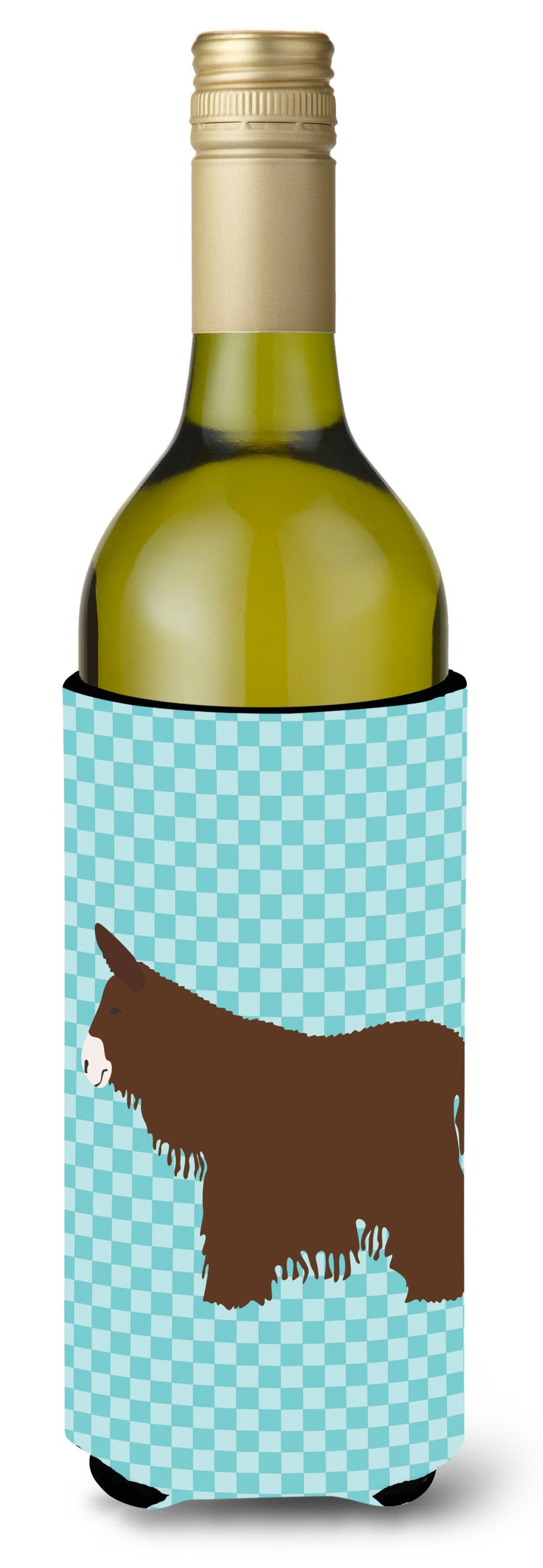 Poitou Poiteuin Donkey Blue Check Wine Bottle Hugger Gift Sleeve for Standard 750 ml Bottles, Insulated Reusable Also Fits Mini Shot & Pint Bottles