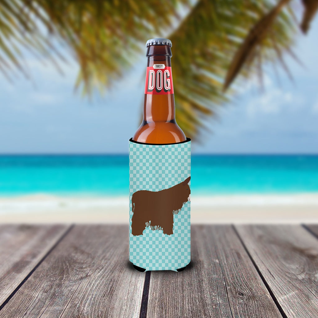 Poitou Poiteuin Donkey Blue Check Slim Can Hugger , Insulated Foam Hugger for 12 oz Slim Cans, Beer Bottles & Water Bottles, Printed in USA