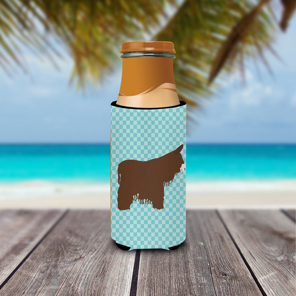 Poitou Poiteuin Donkey Blue Check Slim Can Hugger , Insulated Foam Hugger for 12 oz Slim Cans, Beer Bottles & Water Bottles, Printed in USA