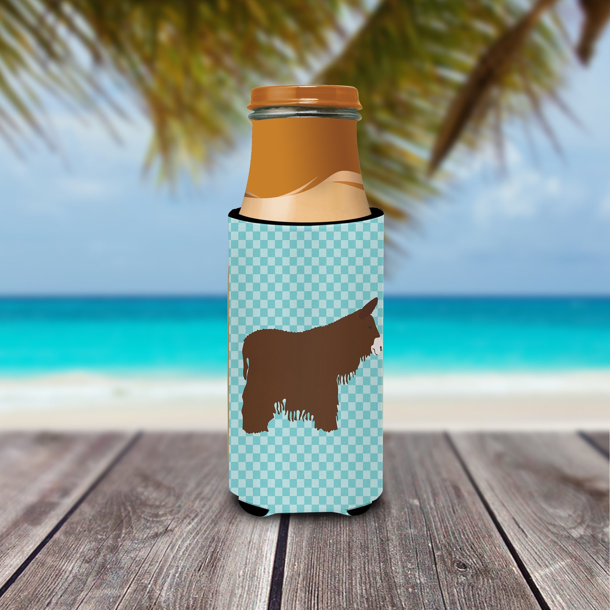Poitou Poiteuin Donkey Blue Check Slim Can Hugger , Insulated Foam Hugger for 12 oz Slim Cans, Beer Bottles & Water Bottles, Printed in USA