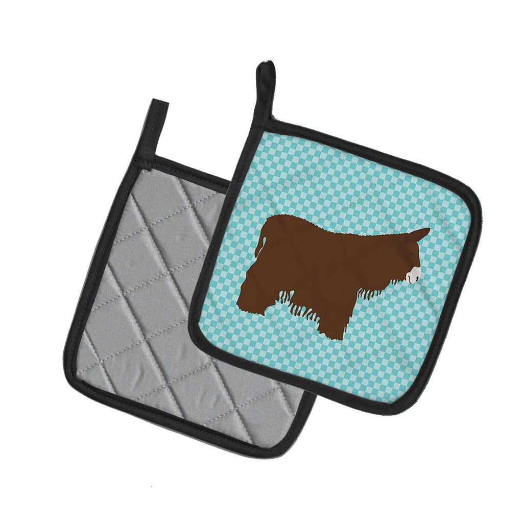 Poitou Poiteuin Donkey Blue Check Pot Holder Set of 2 Heat Resistant Quilted Hot Pads 7.5 x 7.5 Inch, Insulated Kitchen Trivets for Cooking & Baking