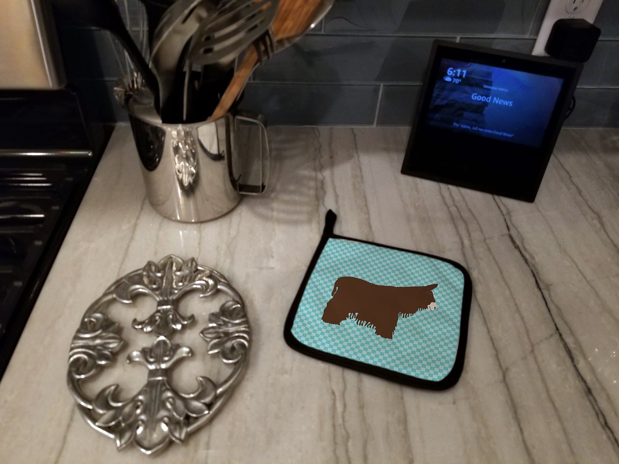 Poitou Poiteuin Donkey Blue Check Pot Holder Set of 2 Heat Resistant Quilted Hot Pads 7.5 x 7.5 Inch, Insulated Kitchen Trivets for Cooking & Baking