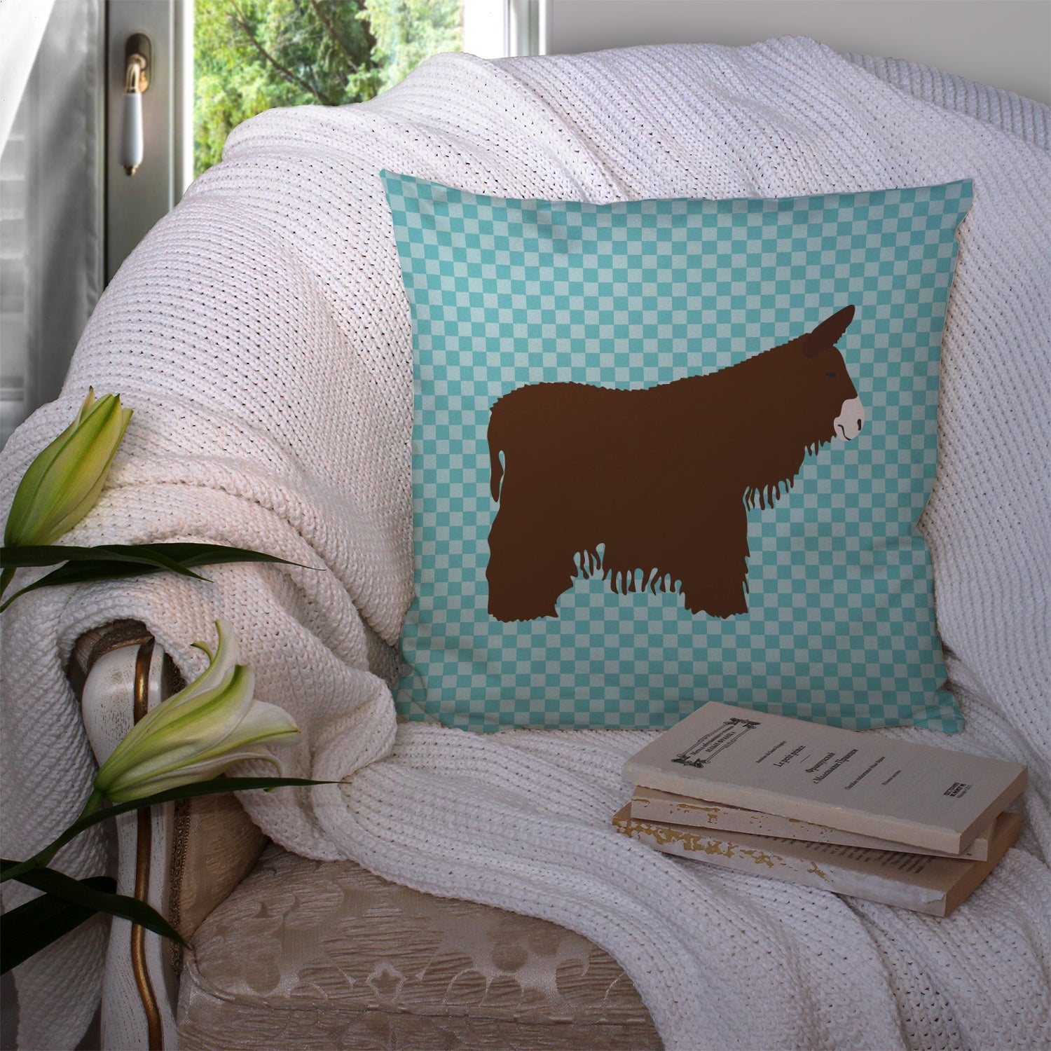 Poitou Poiteuin Donkey Blue Check Decorative Throw Pillow 14x14 Indoor Outdoor Accent Cushion, Fabric Cover with Insert for Sofa, Bed, Porch & Living Room