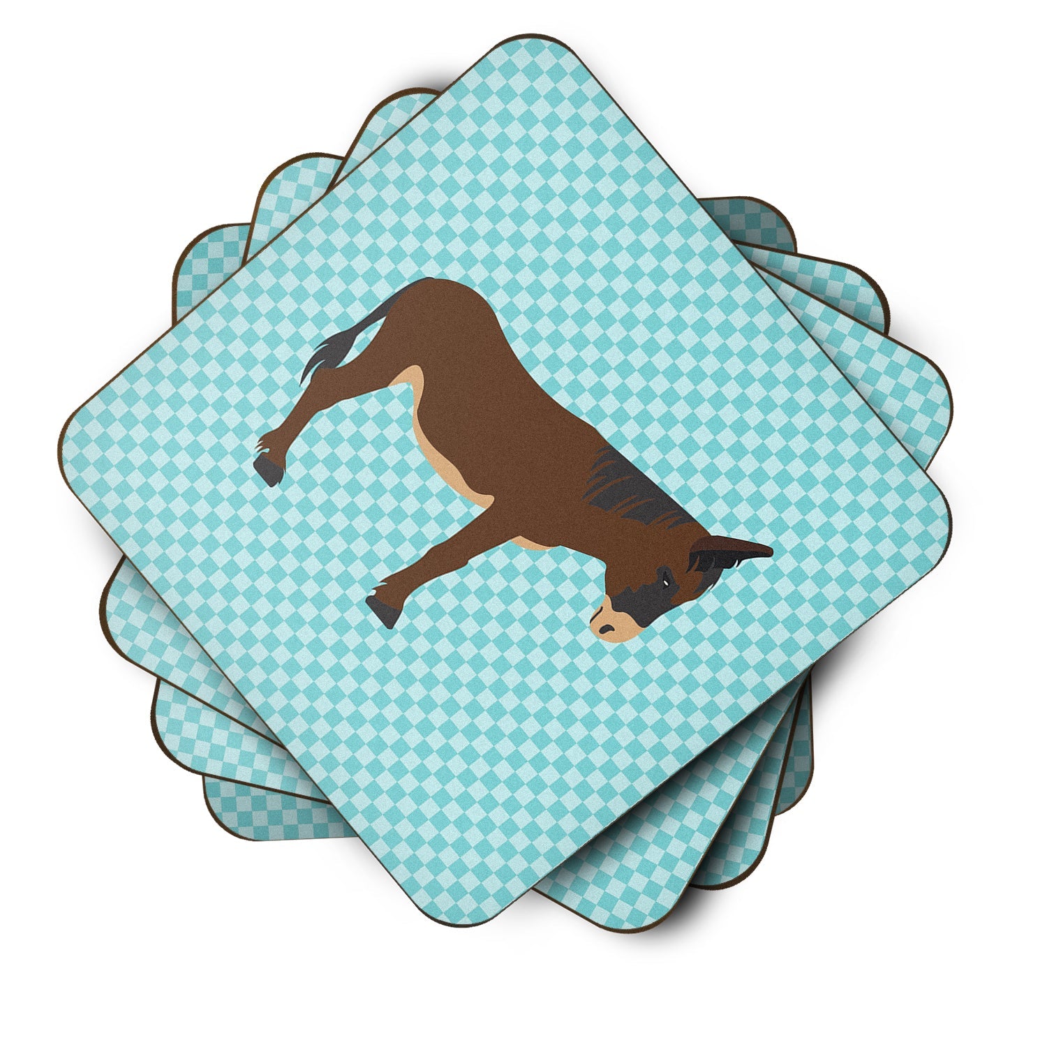 Zamorano-Leones Donkey Blue Check Foam Coasters Set of 4 Cup Coasters for Indoor Outdoor, Tabletop Protection, Anti Slip, Mouse pad Material