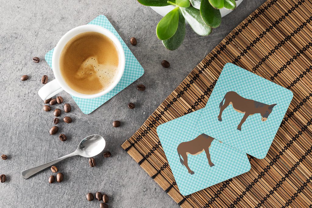 Zamorano-Leones Donkey Blue Check Foam Coasters Set of 4 Cup Coasters for Indoor Outdoor, Tabletop Protection, Anti Slip, Mouse pad Material