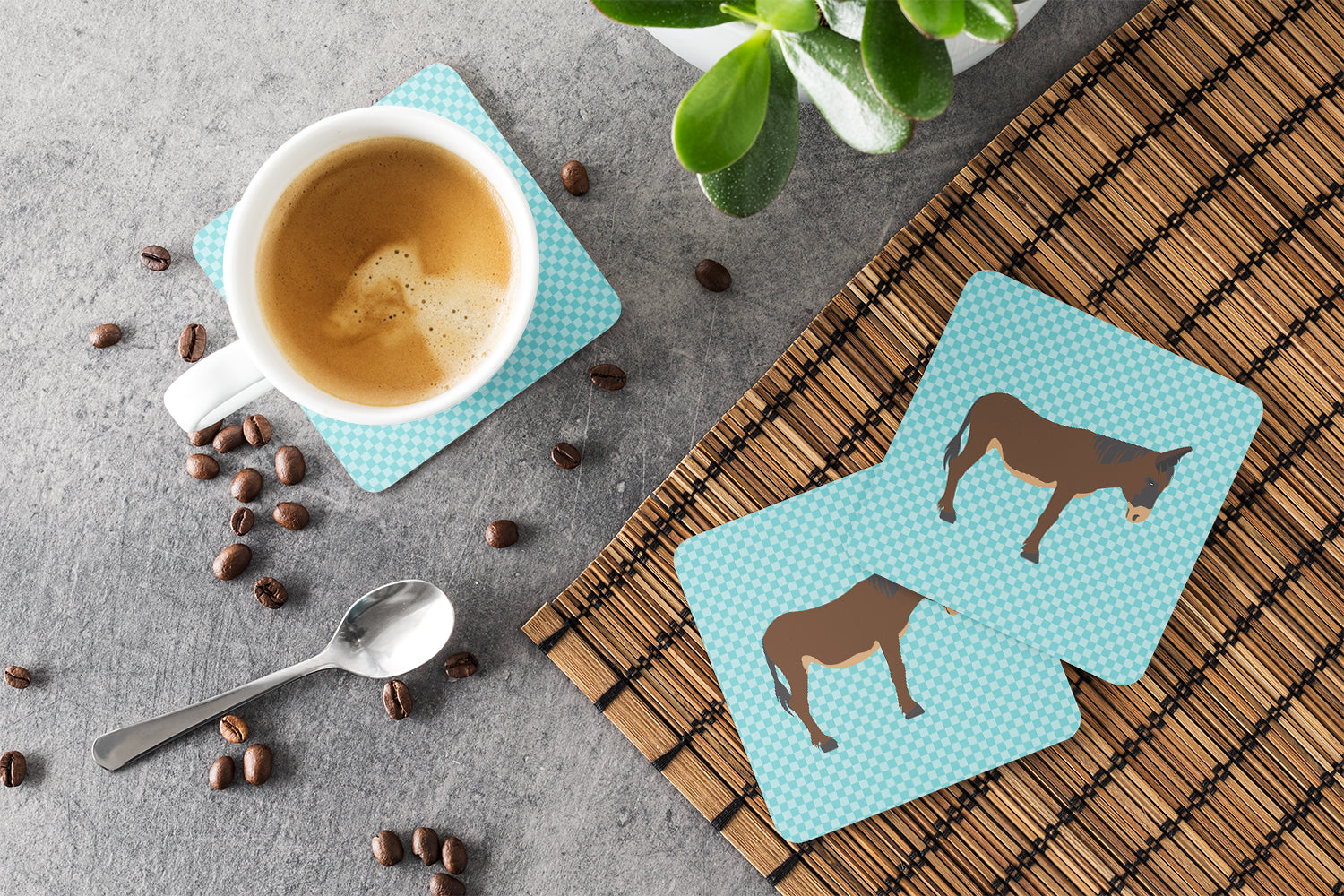 Zamorano-Leones Donkey Blue Check Foam Coasters Set of 4 Cup Coasters for Indoor Outdoor, Tabletop Protection, Anti Slip, Mouse pad Material