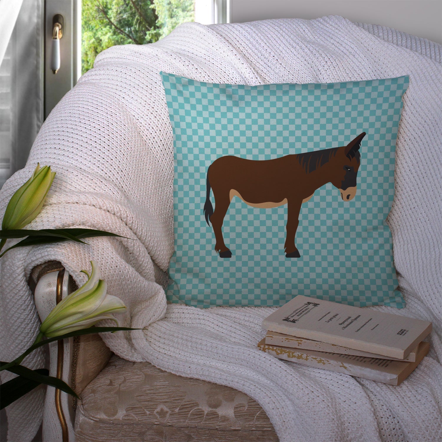 Zamorano-Leones Donkey Blue Check Decorative Throw Pillow 14x14 Indoor Outdoor Accent Cushion, Fabric Cover with Insert for Sofa, Bed, Porch & Living Room