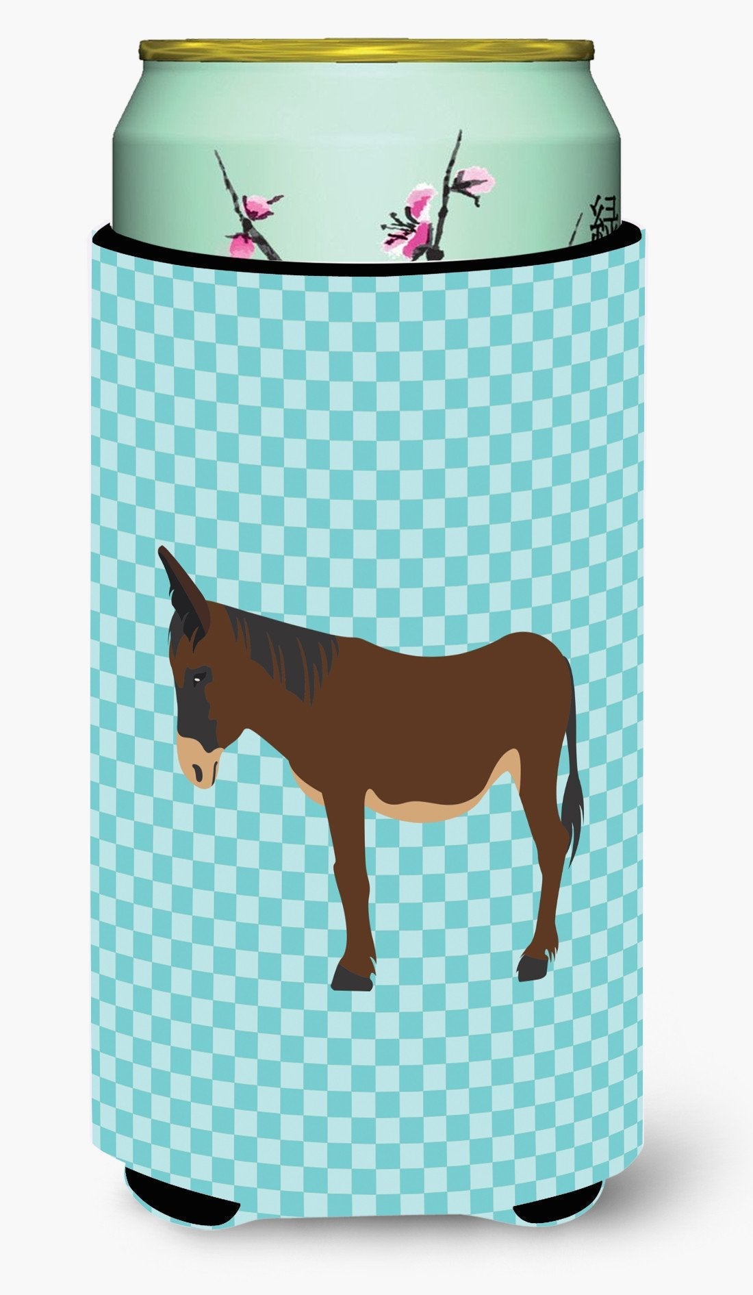 Zamorano-Leones Donkey Blue Check Tall Boy Hugger Can Cooler Sleeve Machine Washable Drink Collapsible Insulator Beverage Insulated Holder
