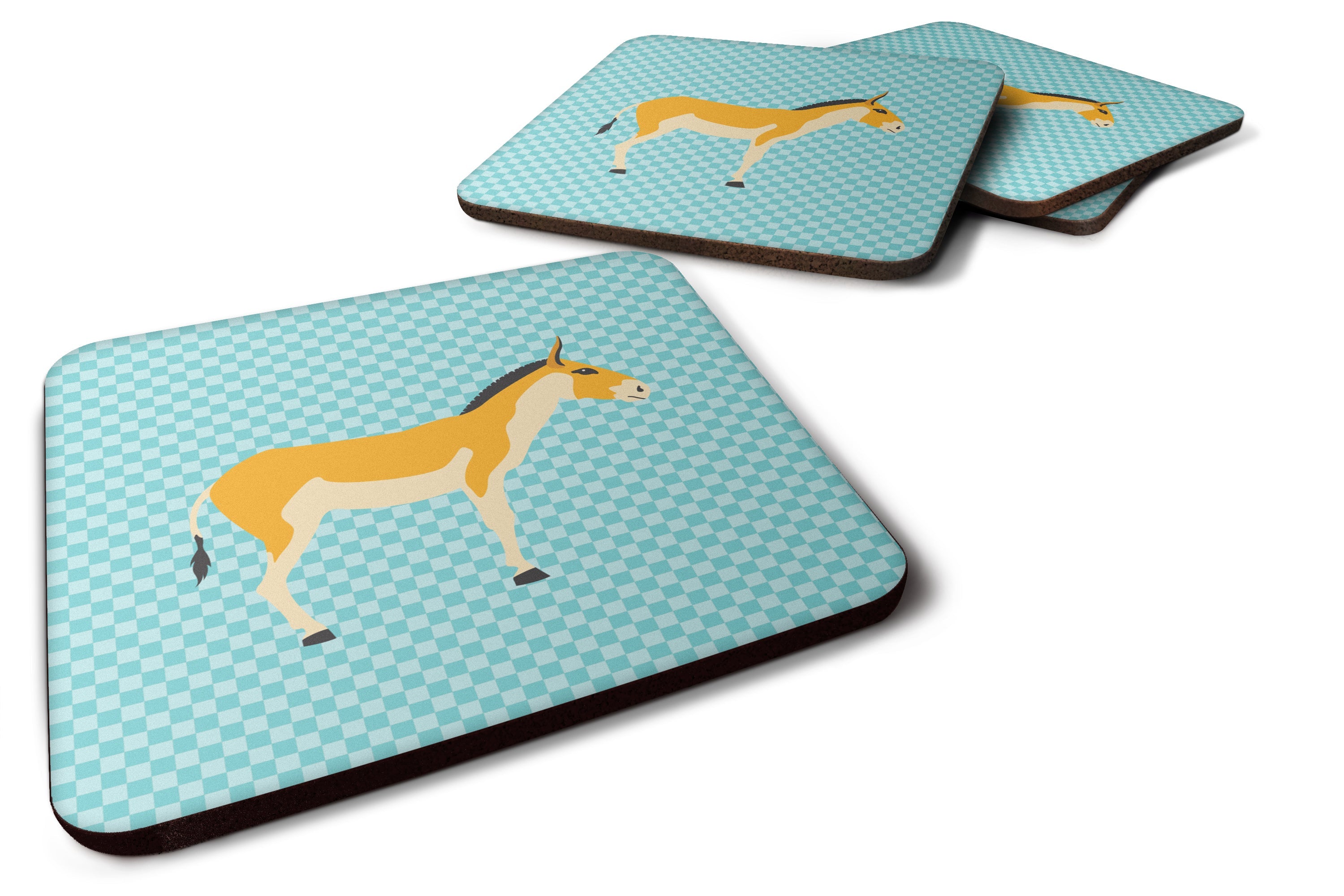 Turkmenian Kulan Donkey Blue Check Foam Coasters Set of 4 Cup Coasters for Indoor Outdoor, Tabletop Protection, Anti Slip, Mouse pad Material