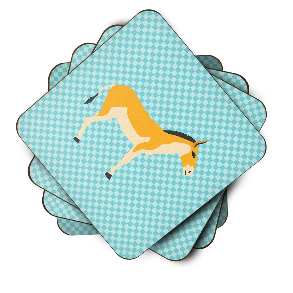 Turkmenian Kulan Donkey Blue Check Foam Coasters Set of 4 Cup Coasters for Indoor Outdoor, Tabletop Protection, Anti Slip, Mouse pad Material
