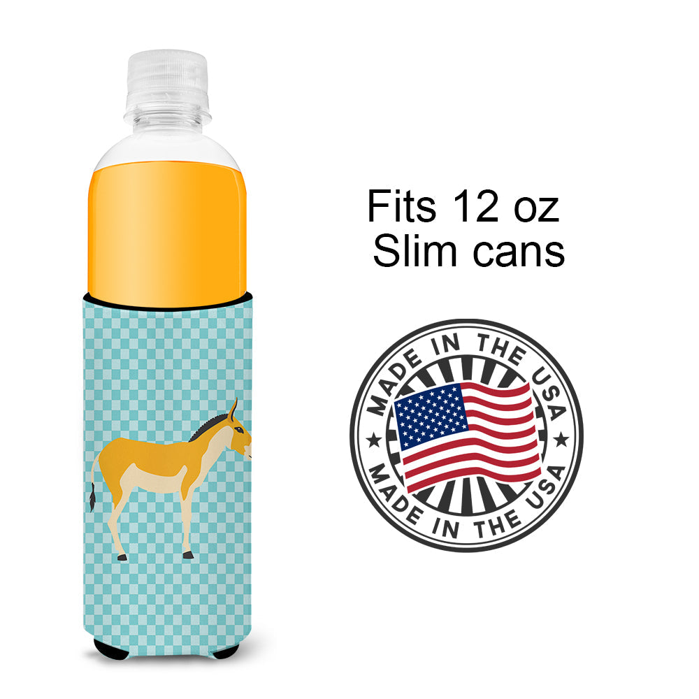 Turkmenian Kulan Donkey Blue Check Slim Can Hugger , Insulated Foam Hugger for 12 oz Slim Cans, Beer Bottles & Water Bottles, Printed in USA