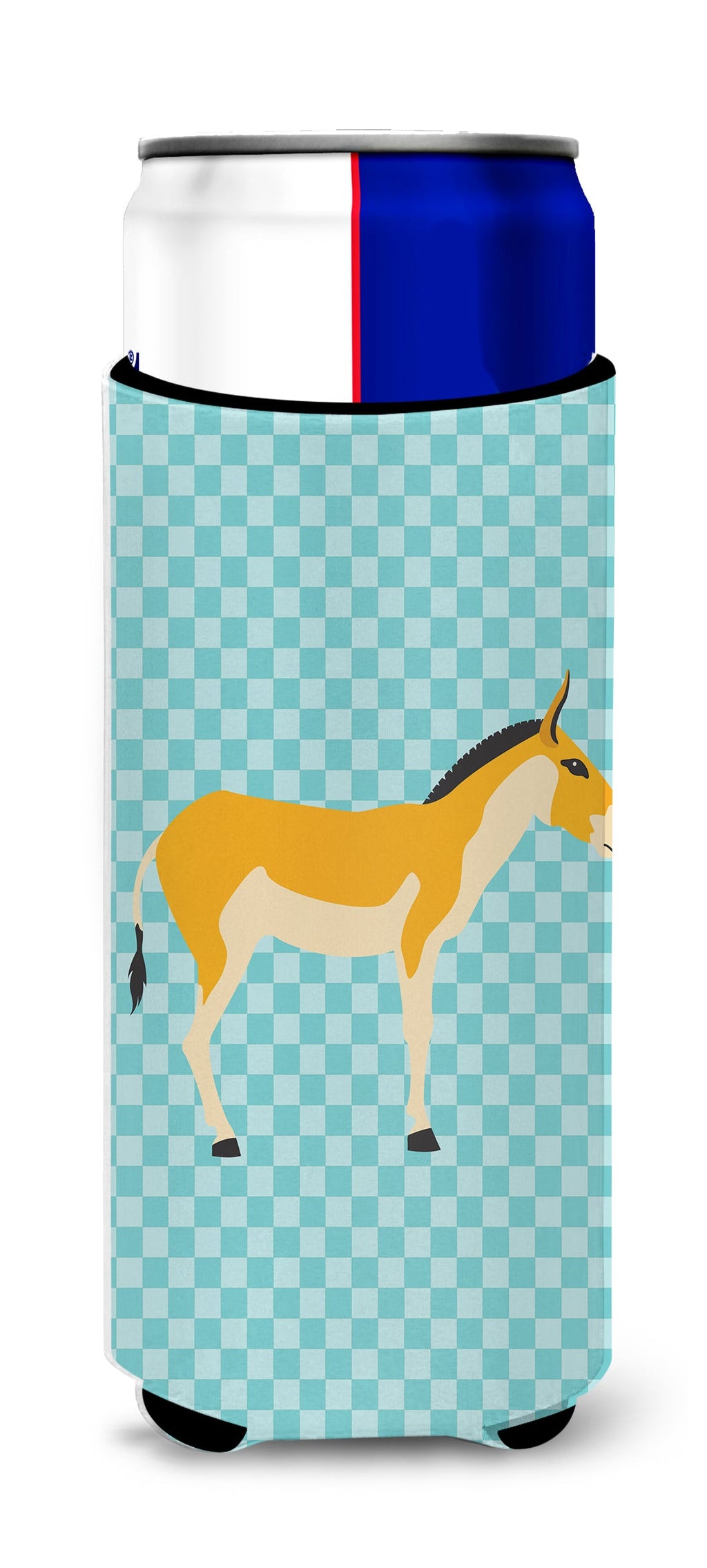 Turkmenian Kulan Donkey Blue Check Slim Can Hugger , Insulated Foam Hugger for 12 oz Slim Cans, Beer Bottles & Water Bottles, Printed in USA