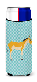 Turkmenian Kulan Donkey Blue Check Slim Can Hugger , Insulated Foam Hugger for 12 oz Slim Cans, Beer Bottles & Water Bottles, Printed in USA