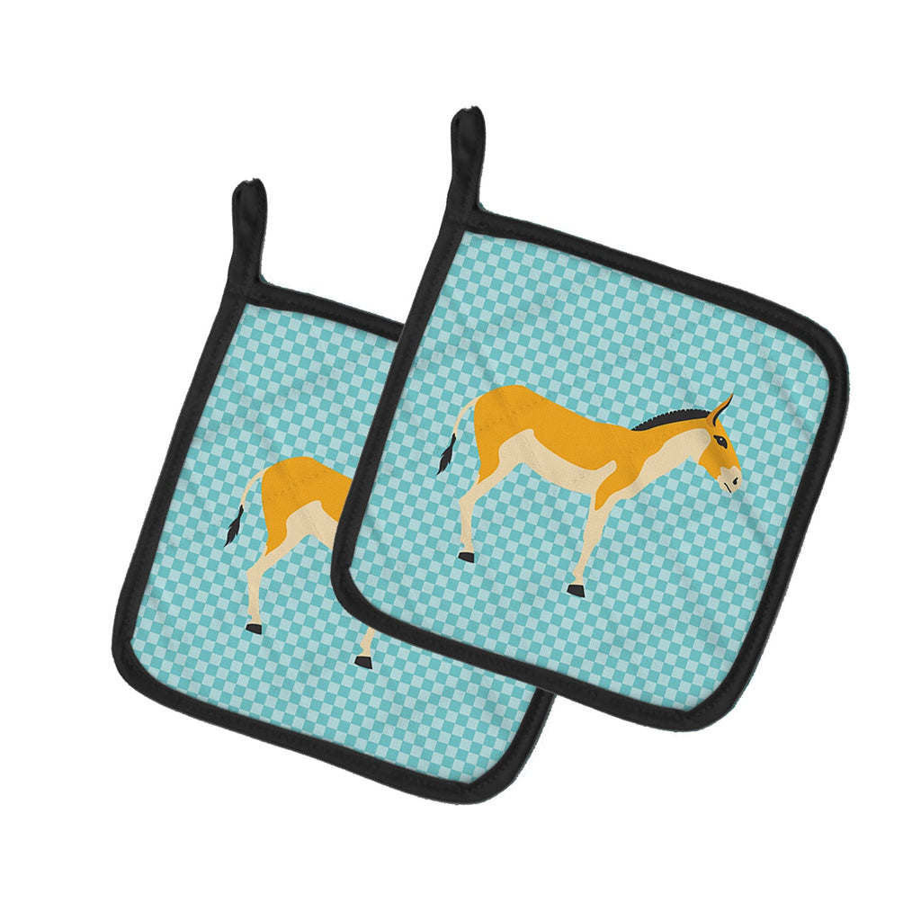 Turkmenian Kulan Donkey Blue Check Pot Holder Set of 2 Heat Resistant Quilted Hot Pads 7.5 x 7.5 Inch, Insulated Kitchen Trivets for Cooking & Baking
