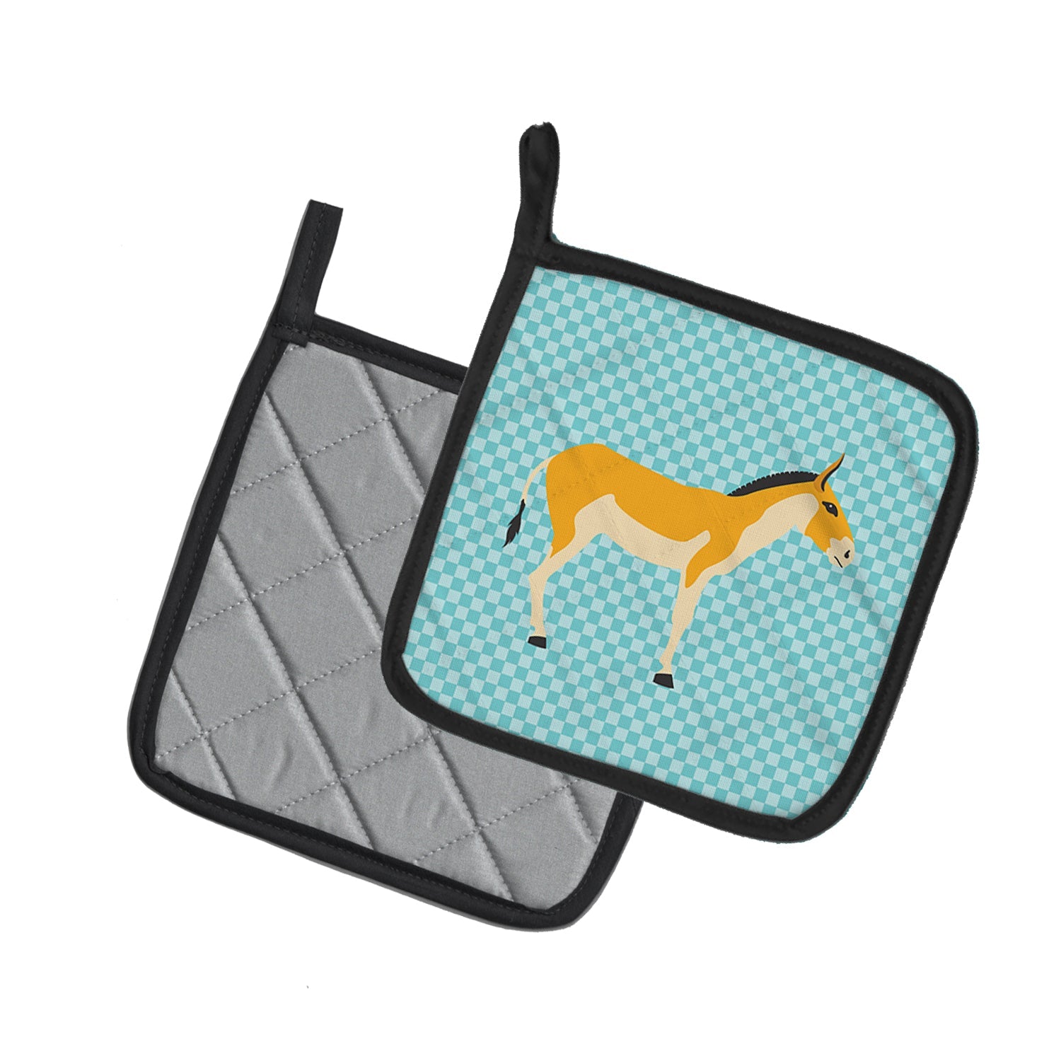 Turkmenian Kulan Donkey Blue Check Pot Holder Set of 2 Heat Resistant Quilted Hot Pads 7.5 x 7.5 Inch, Insulated Kitchen Trivets for Cooking & Baking